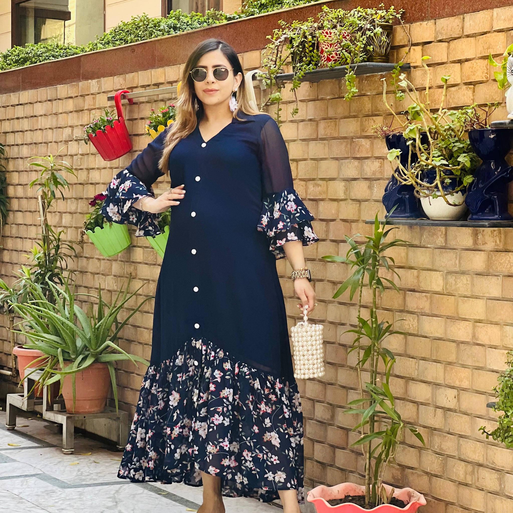 Blue Solid + Floral Maxi Dress