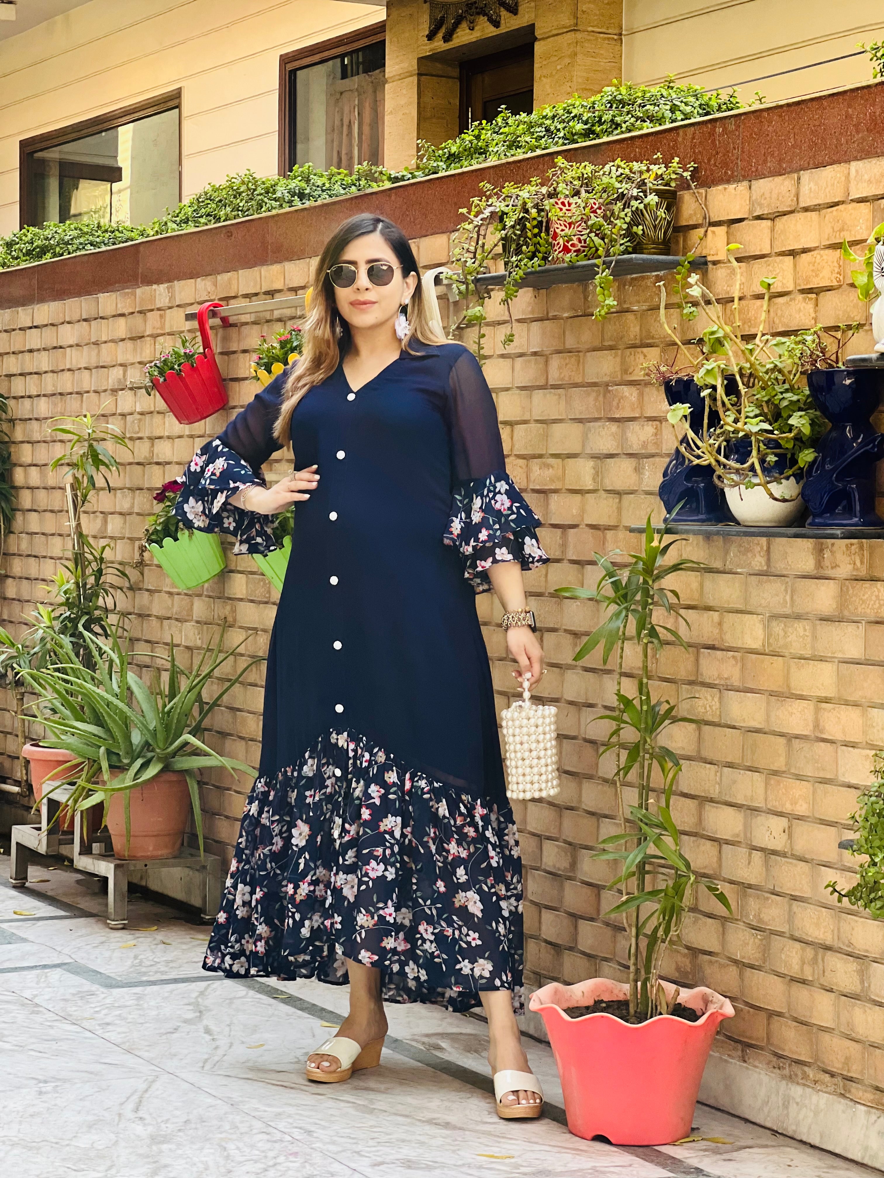 Blue Solid + Floral Maxi Dress