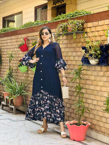 Blue Solid + Floral Maxi Dress