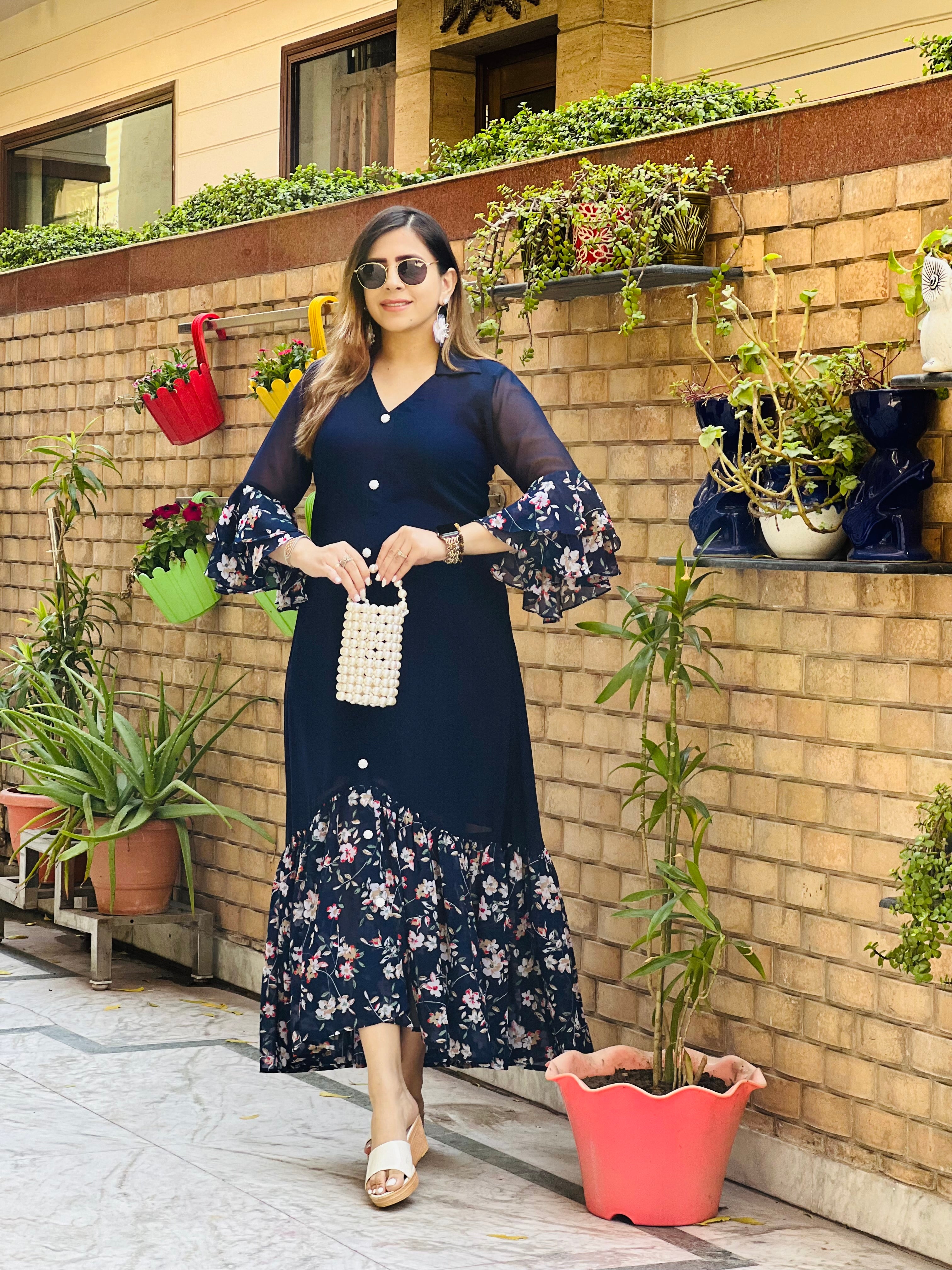 Blue Solid + Floral Maxi Dress