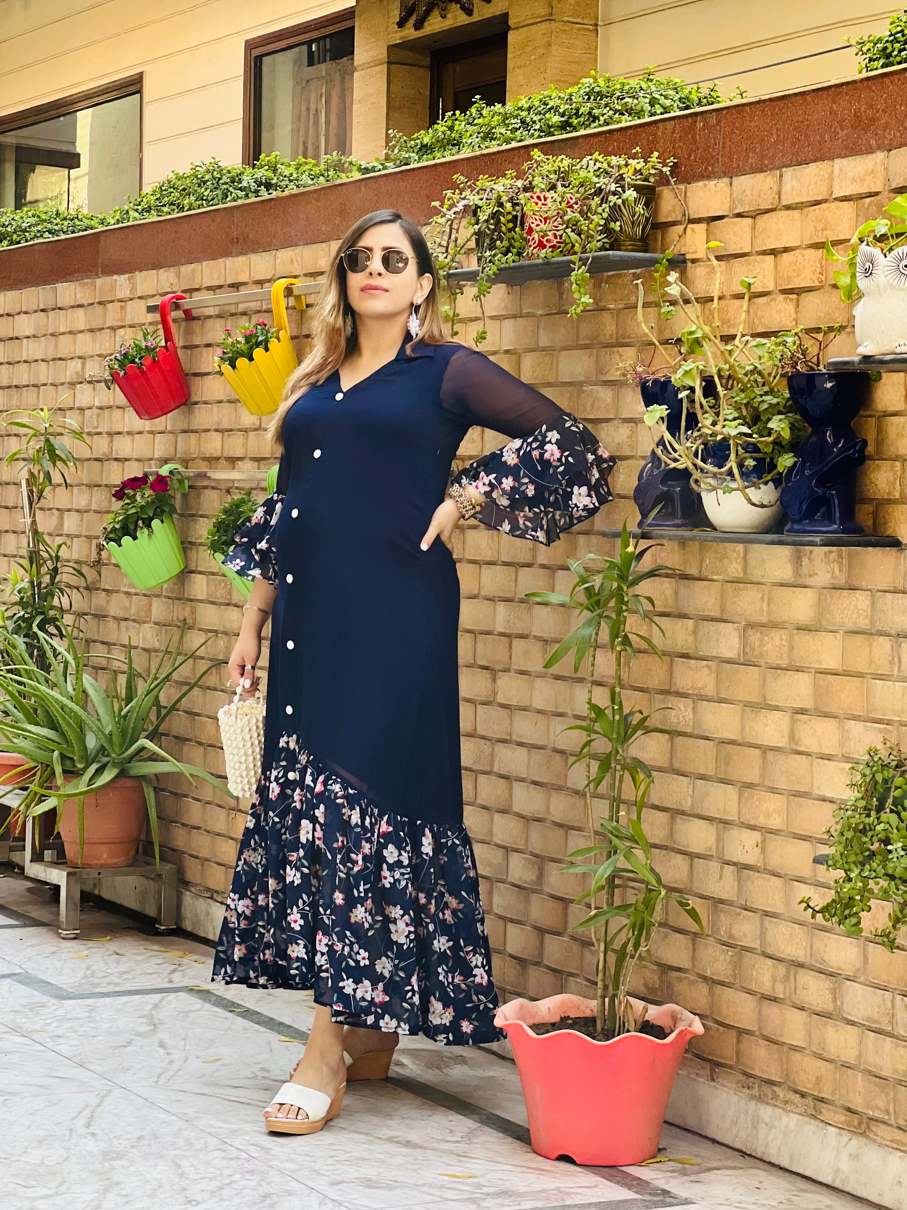 Blue Solid + Floral Maxi Dress