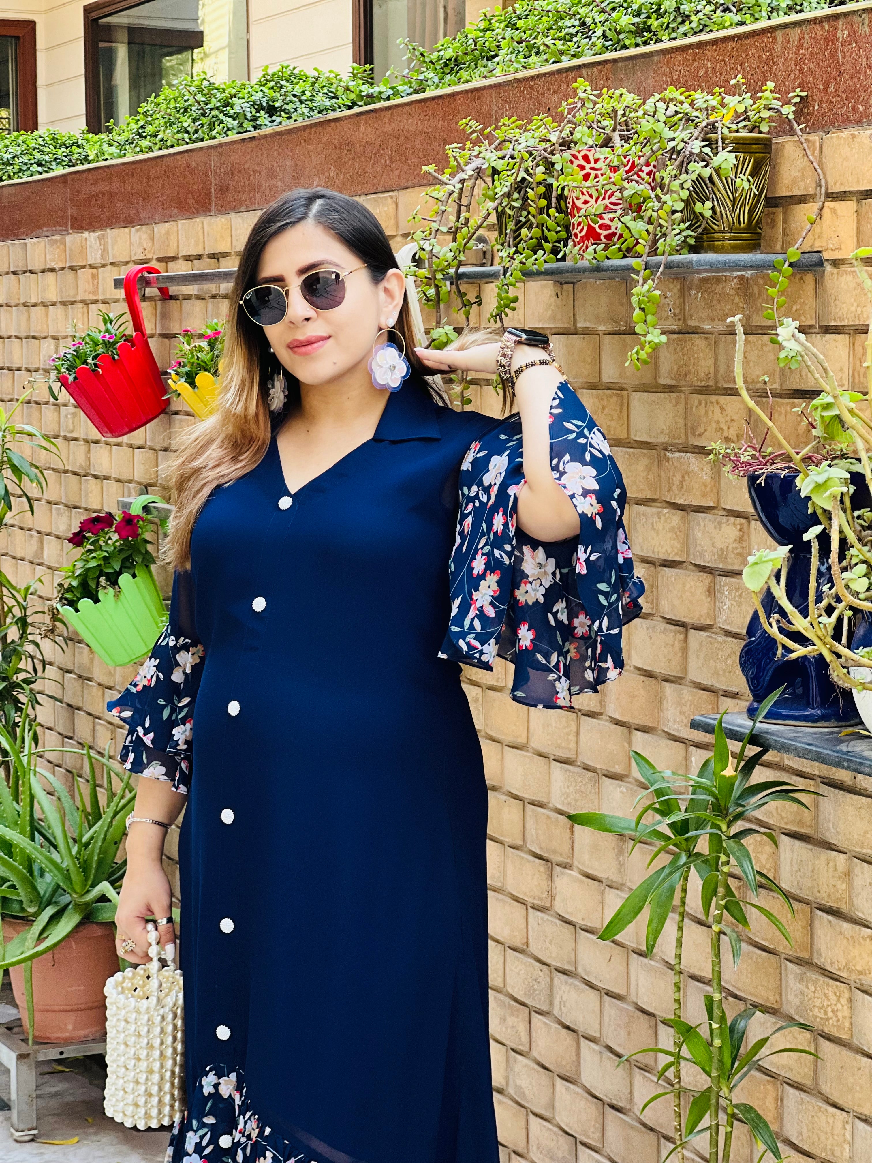 Blue Solid + Floral Maxi Dress