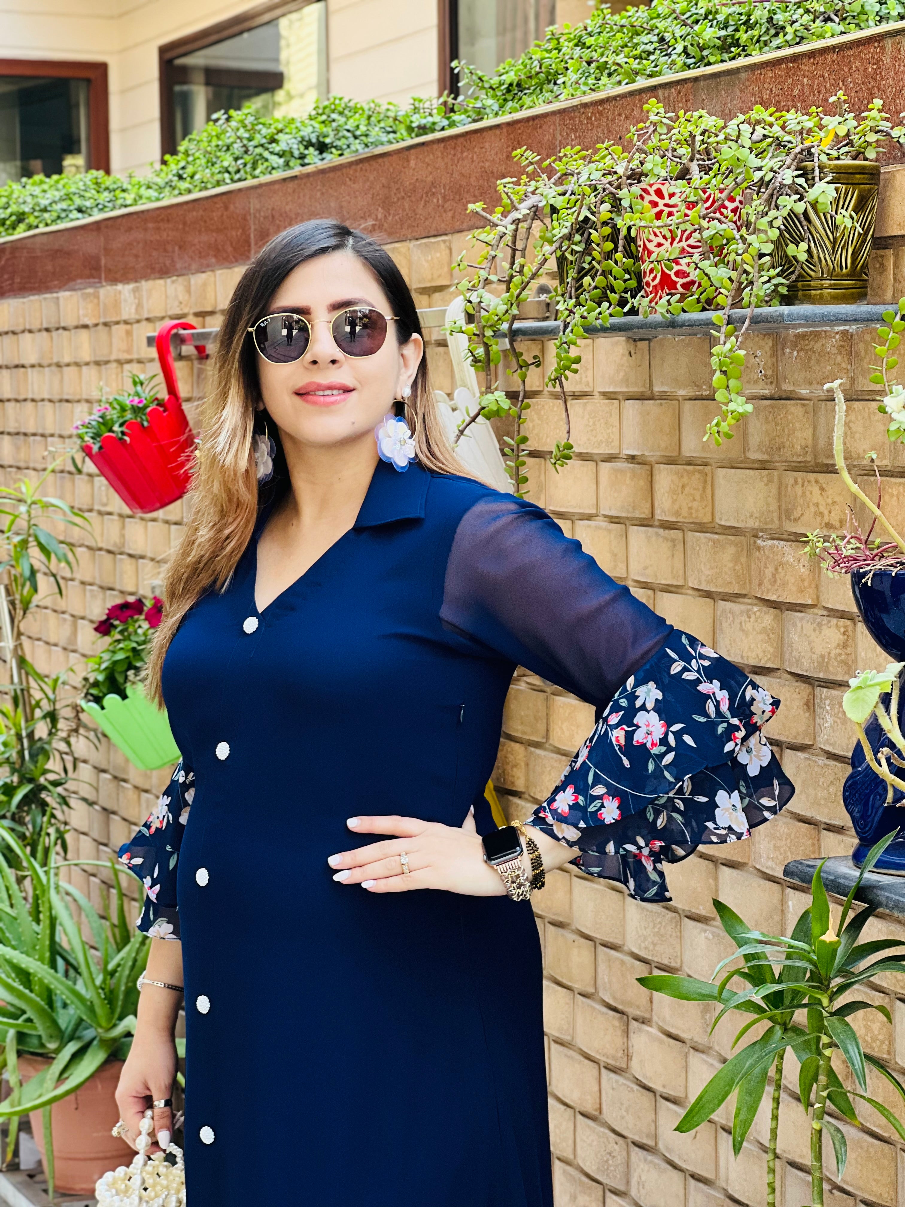 Blue Solid + Floral Maxi Dress