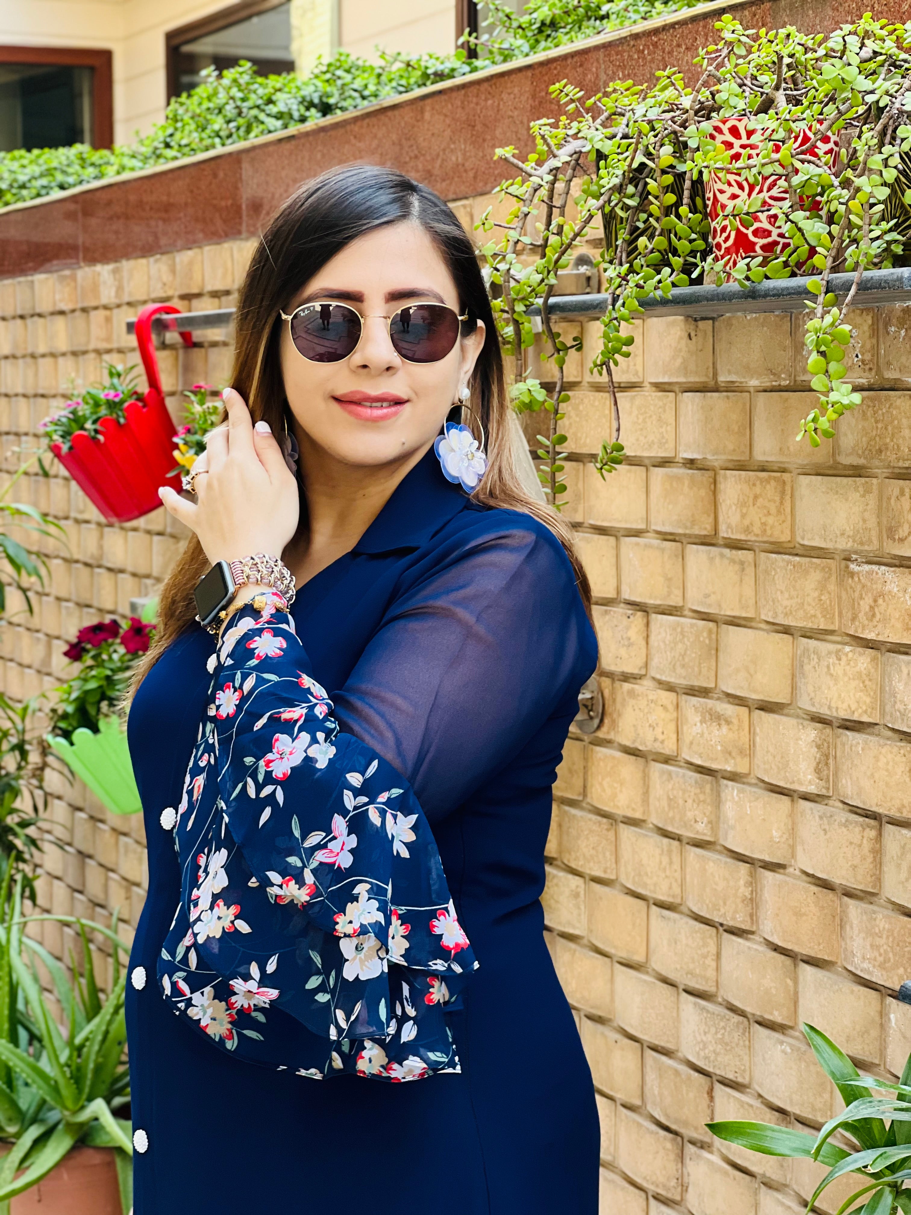 Blue Solid + Floral Maxi Dress