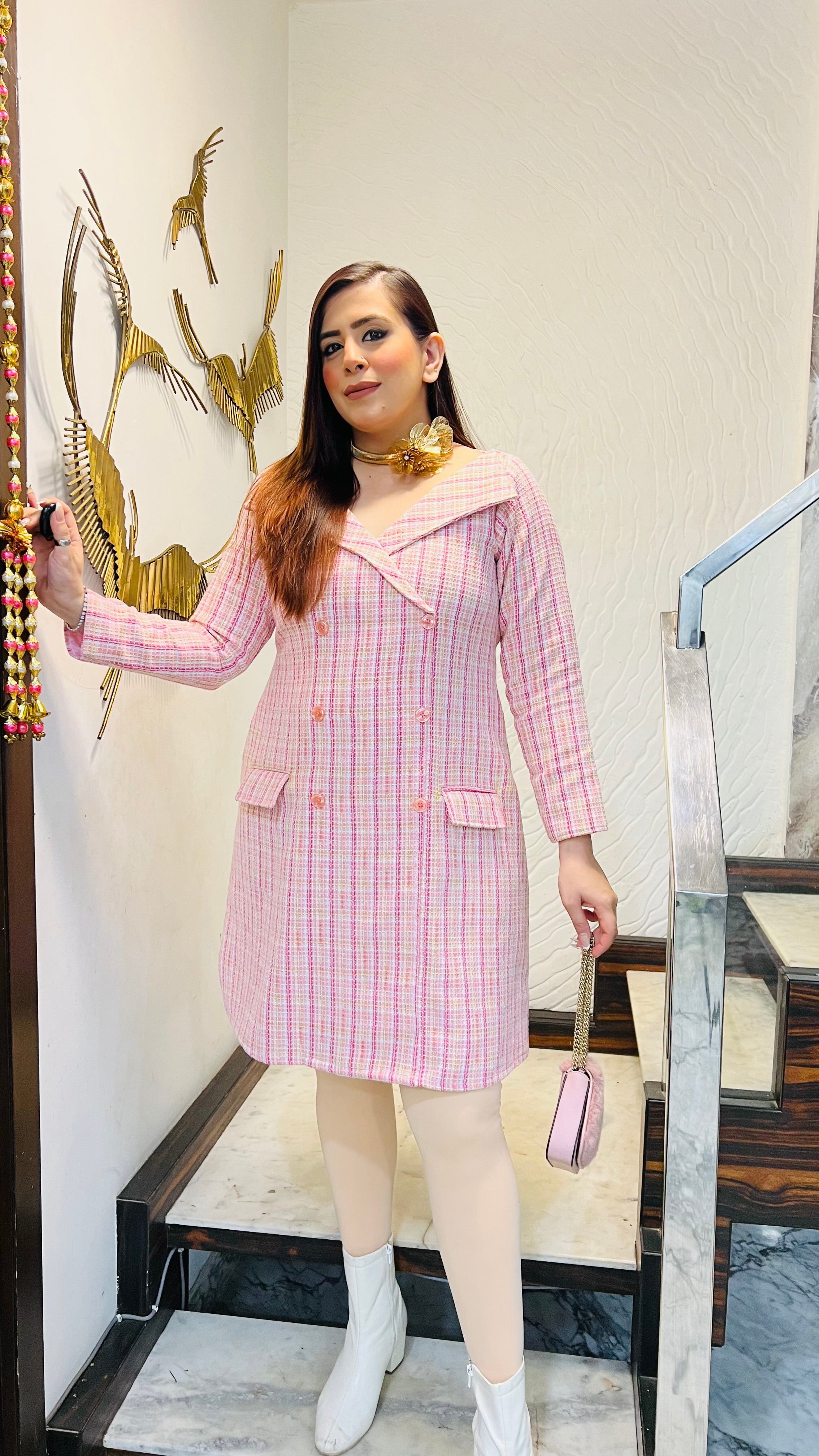 Pink-Full Tweed Dress