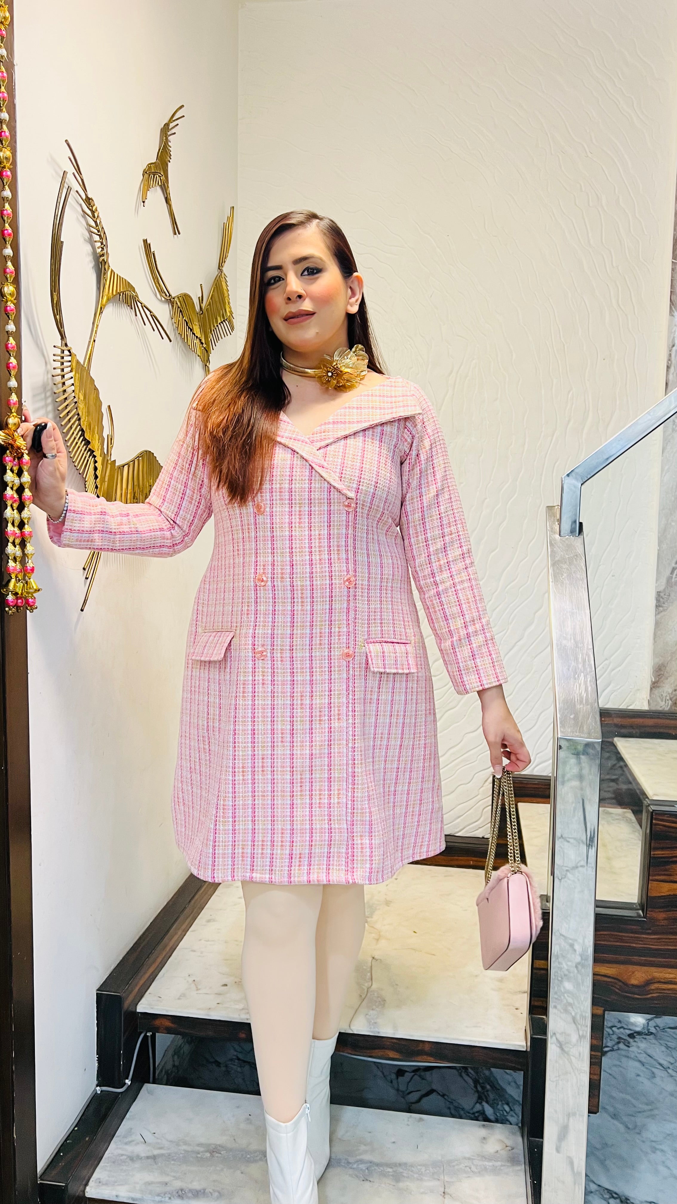 Pink-Full Tweed Dress