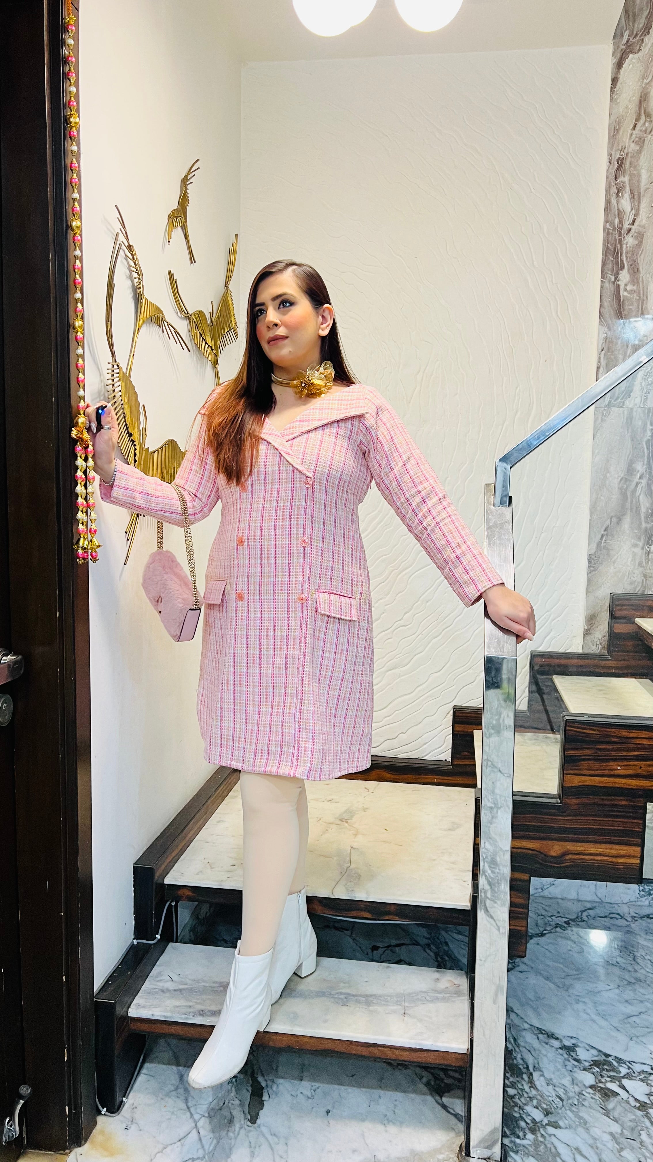 Pink-Full Tweed Dress