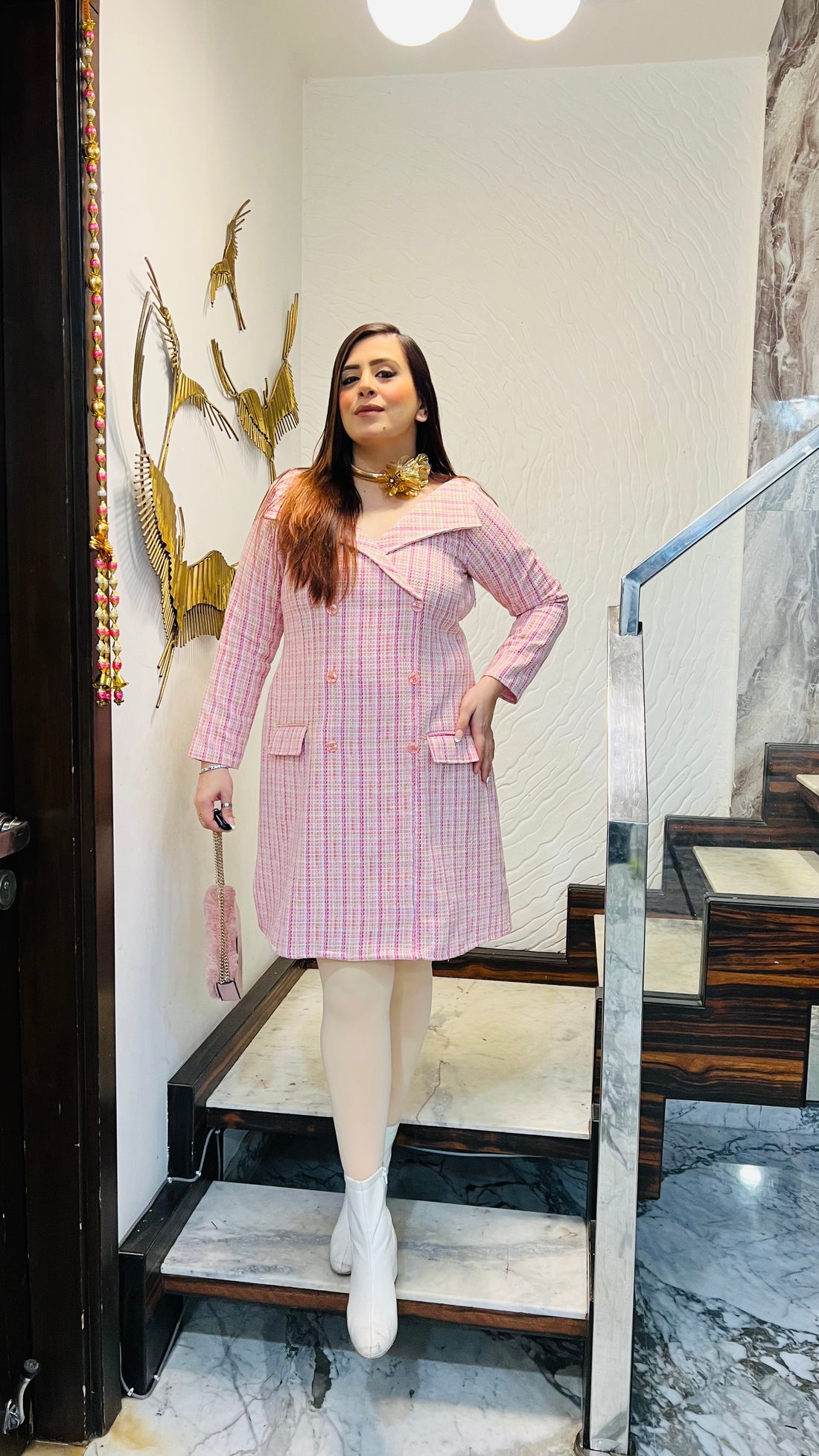 Pink-Full Tweed Dress