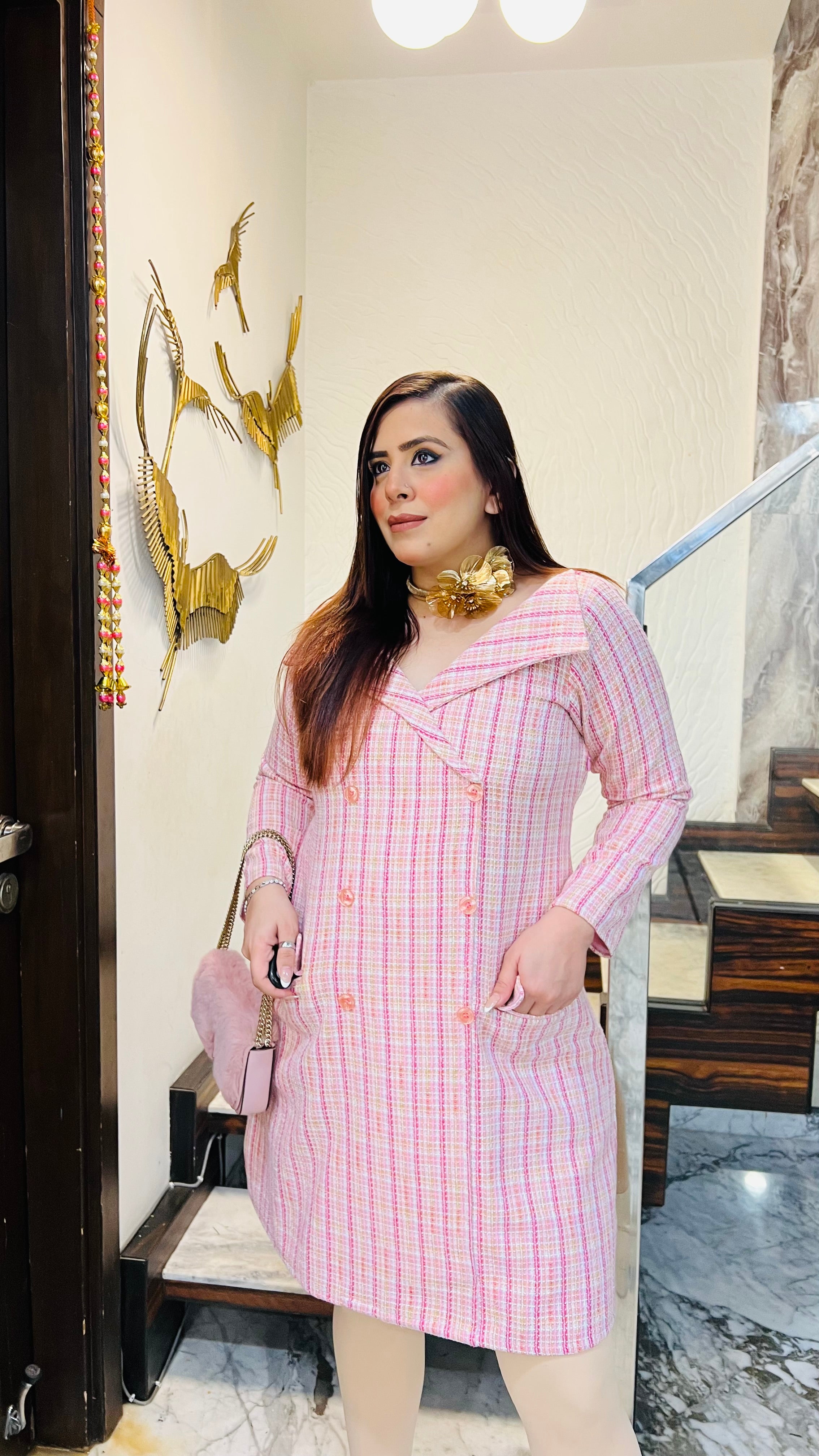 Pink-Full Tweed Dress