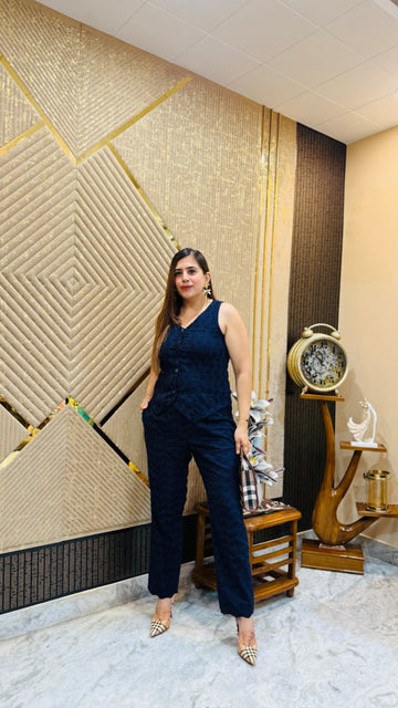 Blue Waistcoat Schiffli Co-Ord