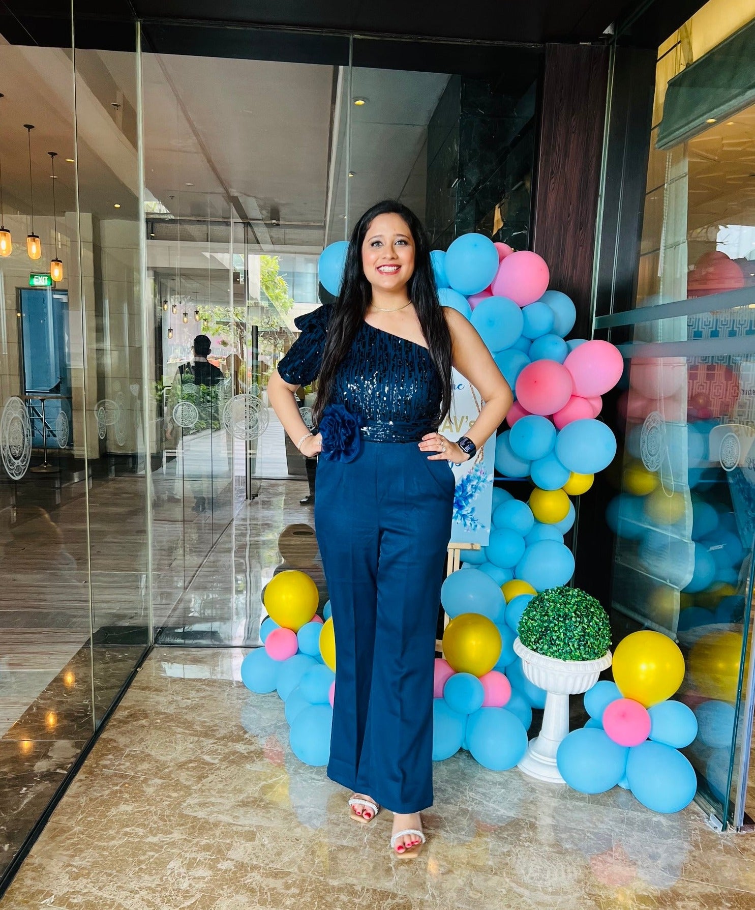 Navy Blue Sequin Jumpsuit with Flower Belt