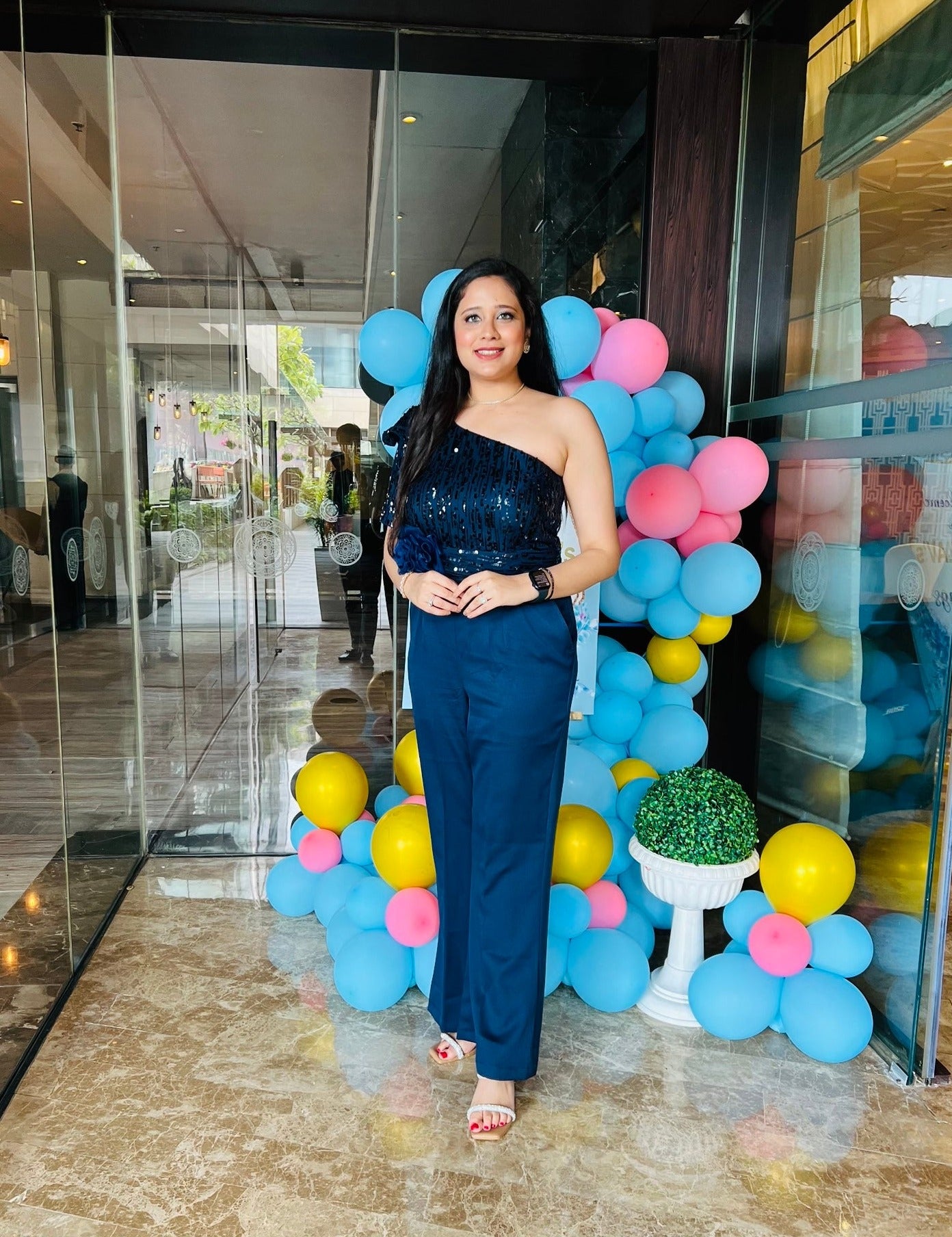 Navy Blue Sequin Jumpsuit with Flower Belt