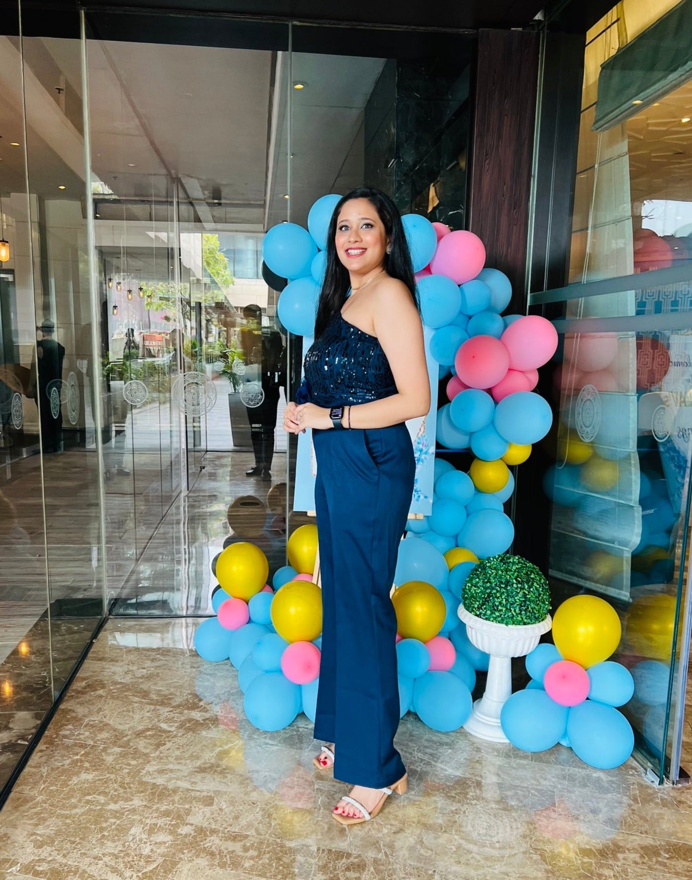 Navy Blue Sequin Jumpsuit with Flower Belt