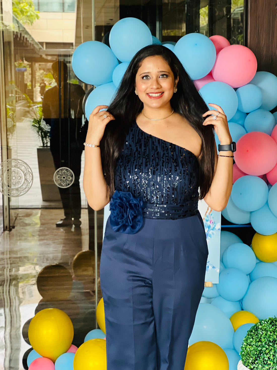 Navy Blue Sequin Jumpsuit with Flower Belt