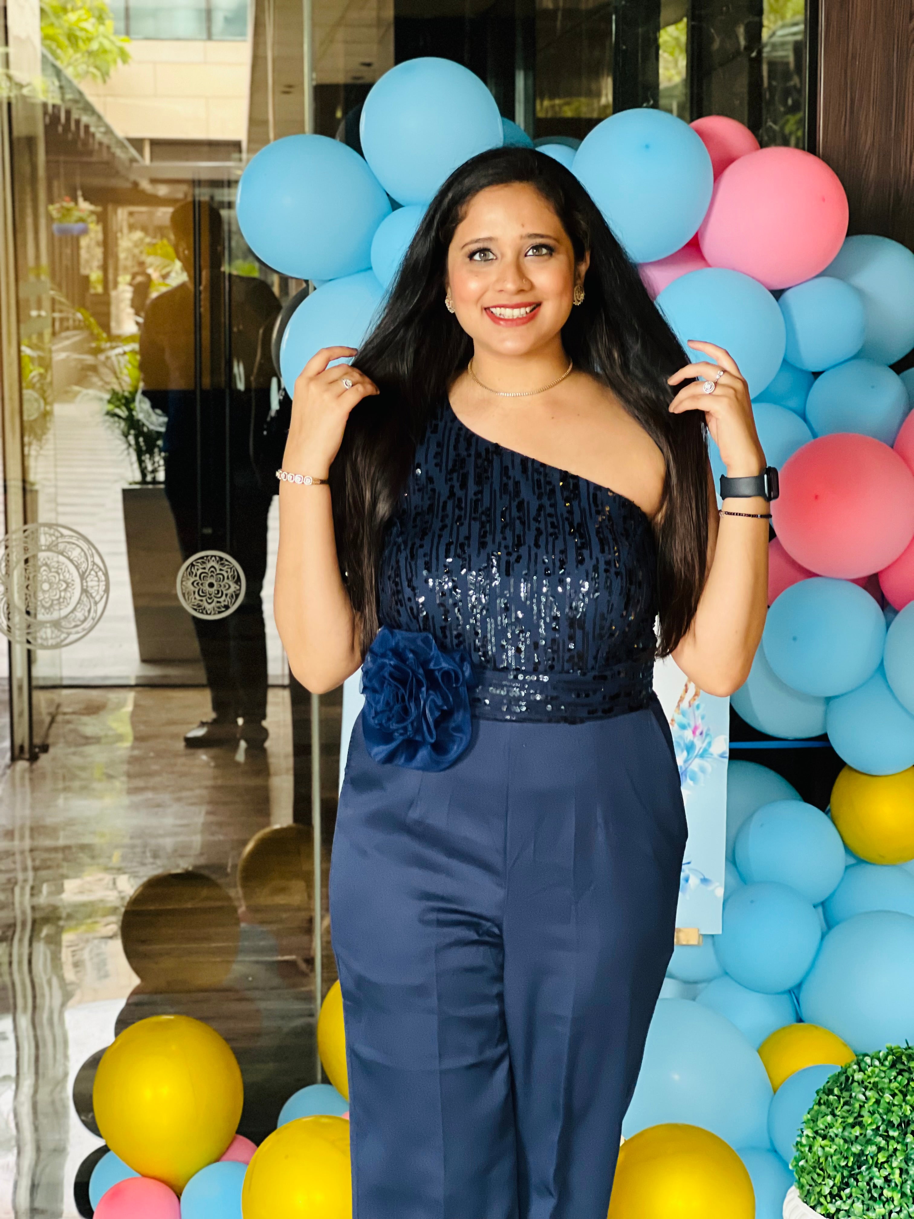 Navy Blue Sequin Jumpsuit with Flower Belt