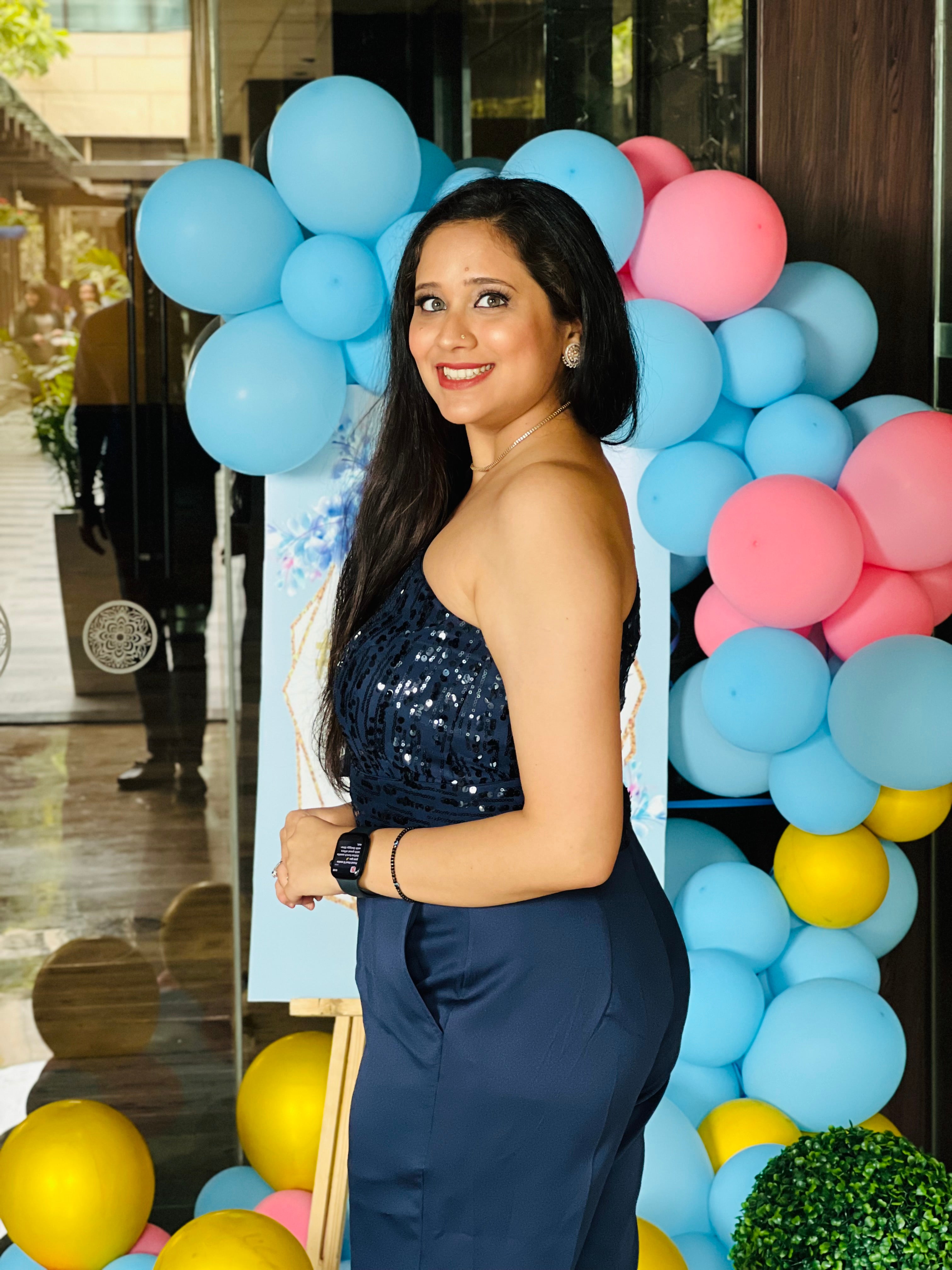 Navy Blue Sequin Jumpsuit with Flower Belt