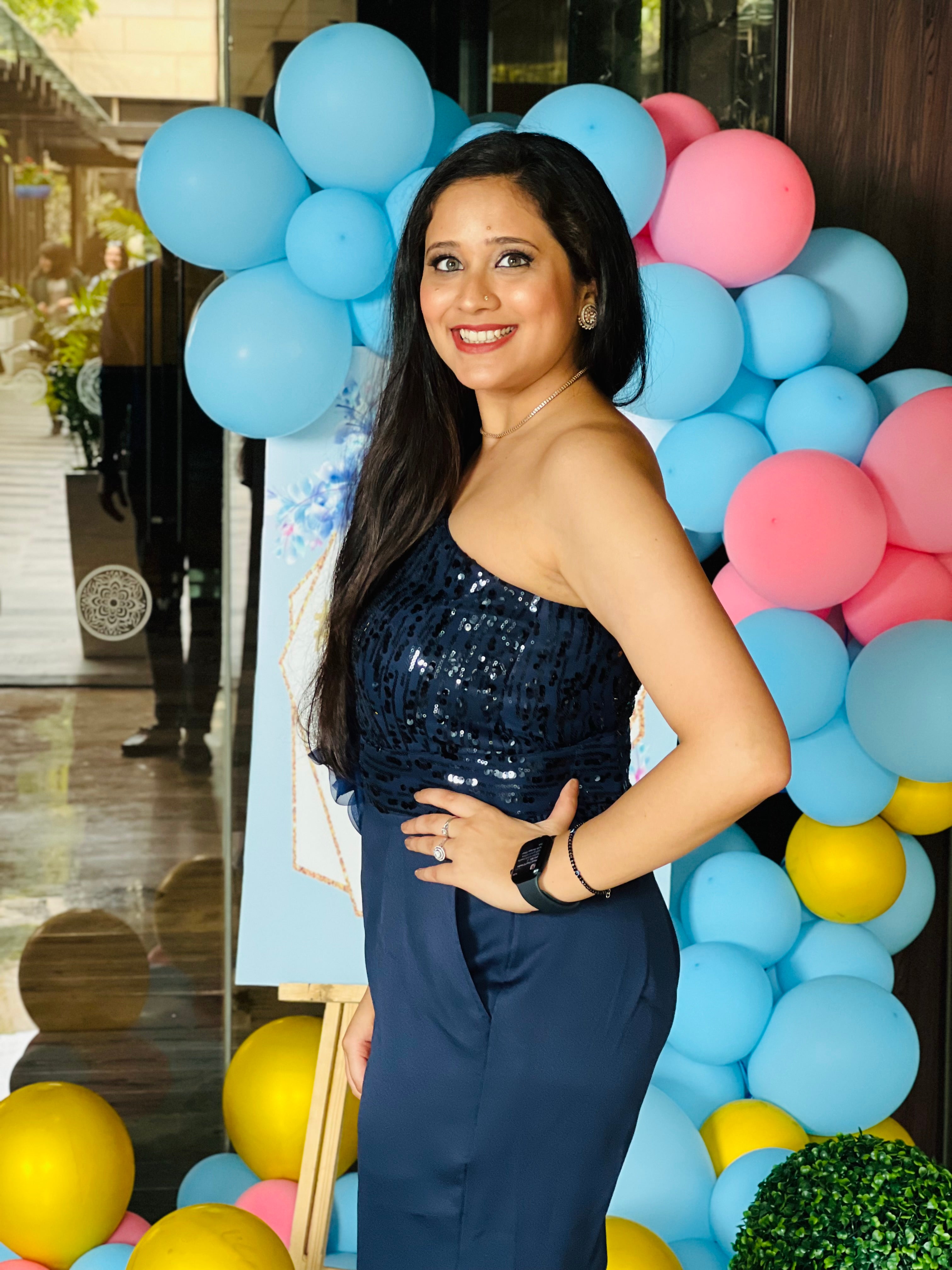 Navy Blue Sequin Jumpsuit with Flower Belt