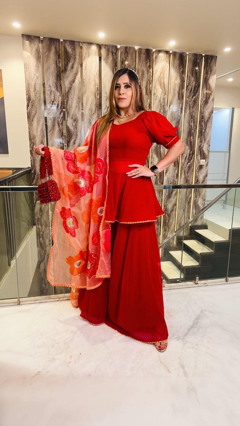 Red Handpainted Sharara Suit
