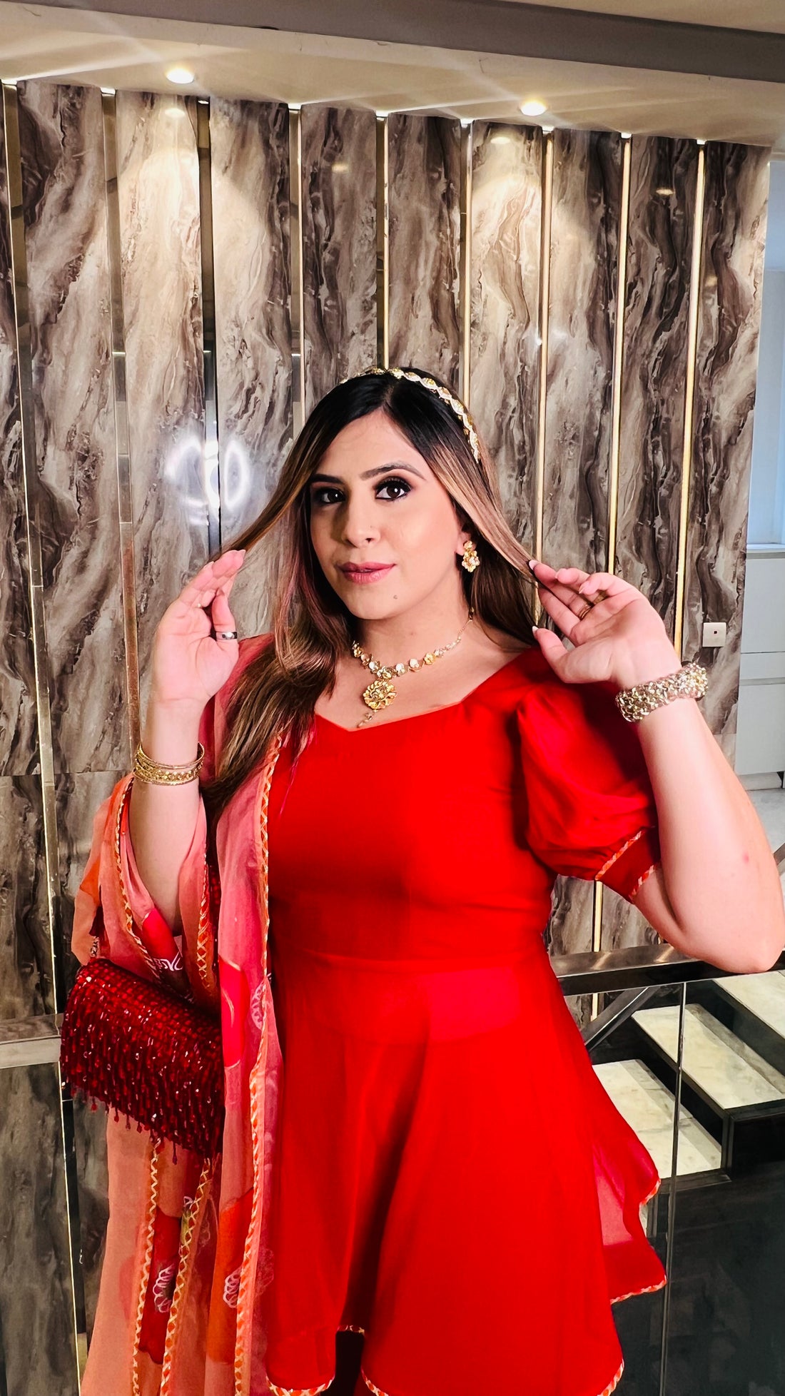 Red Handpainted Sharara Suit