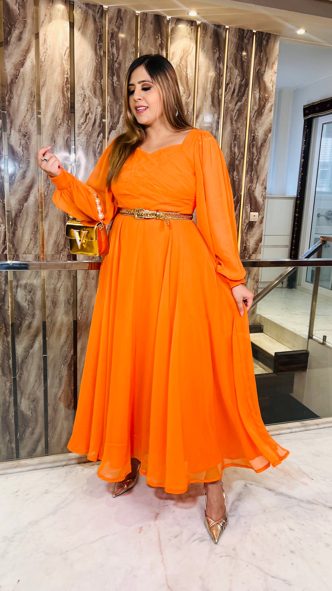 Orange Pleated Stunning Gown