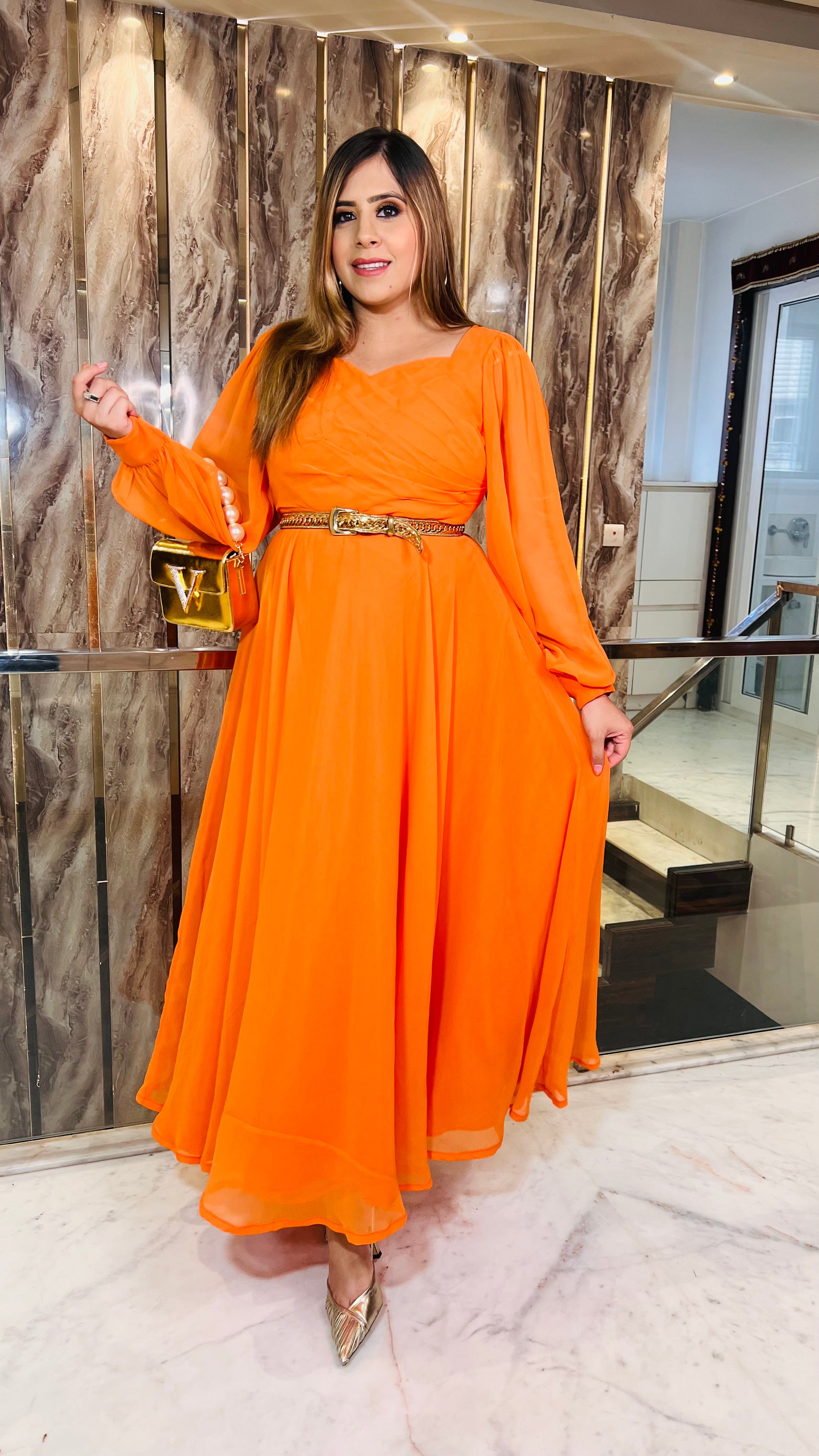 Orange Pleated Stunning Gown
