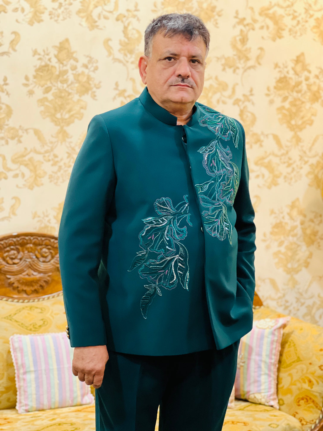 Green Embroidered Bandhgala Menswear Suit