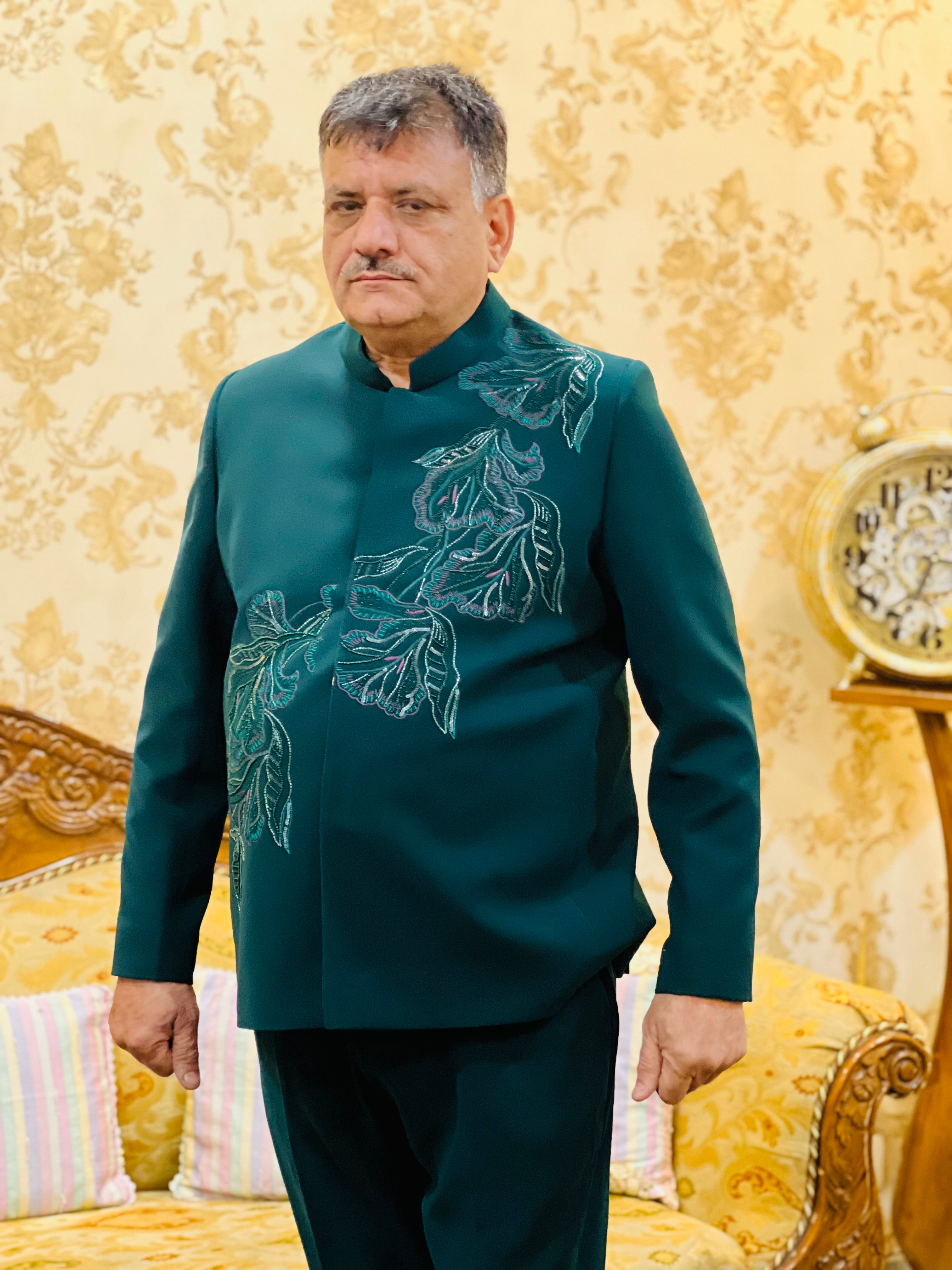 Green Embroidered Bandhgala Menswear Suit