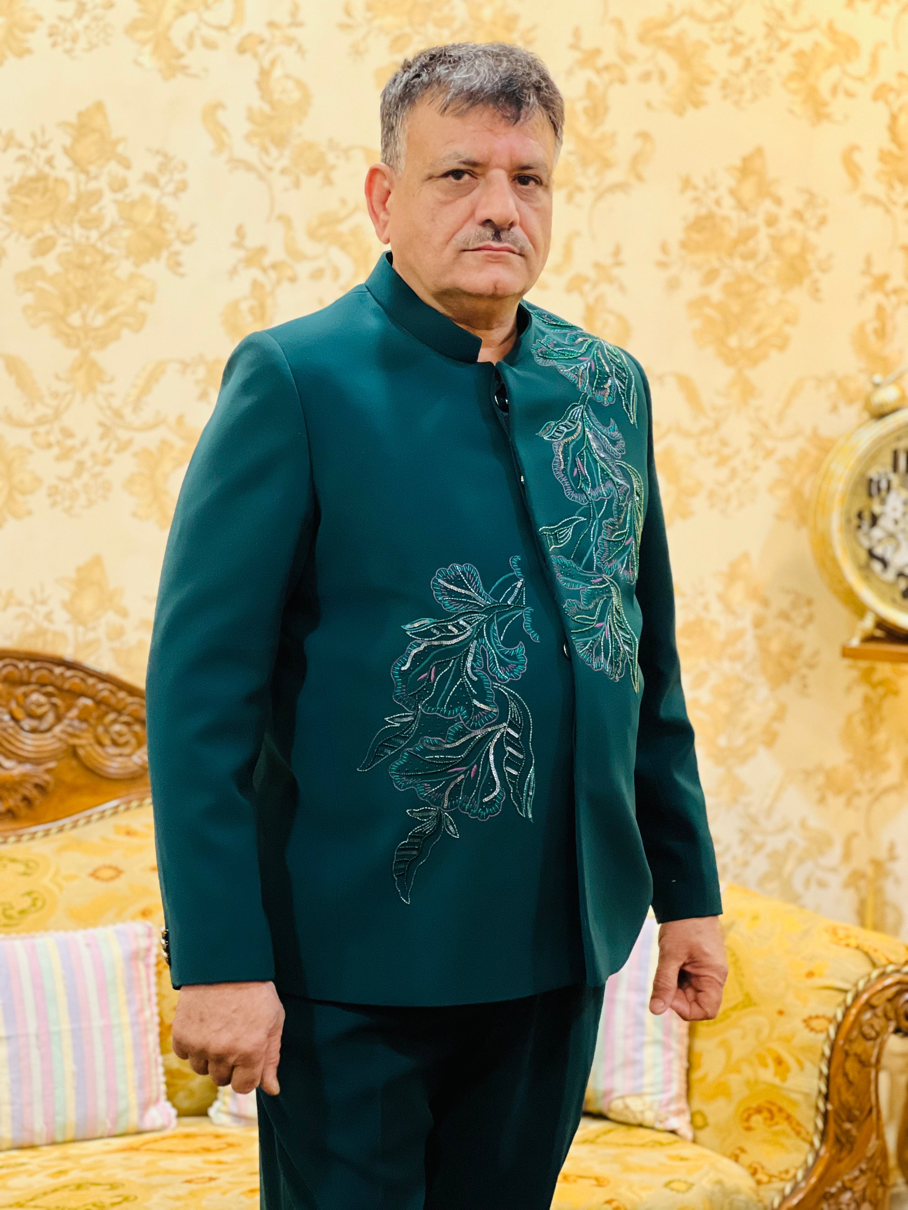 Green Embroidered Bandhgala Menswear Suit