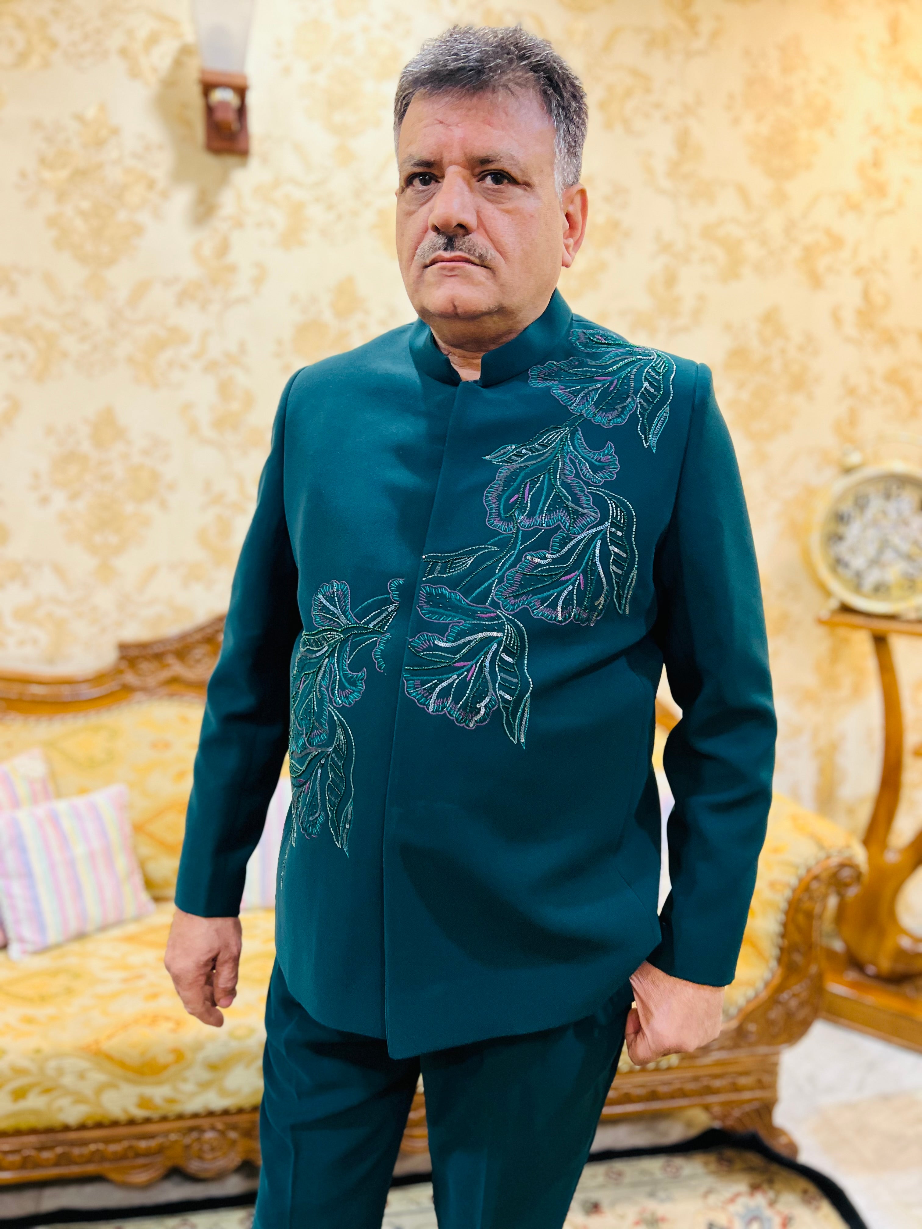 Green Embroidered Bandhgala Menswear Suit