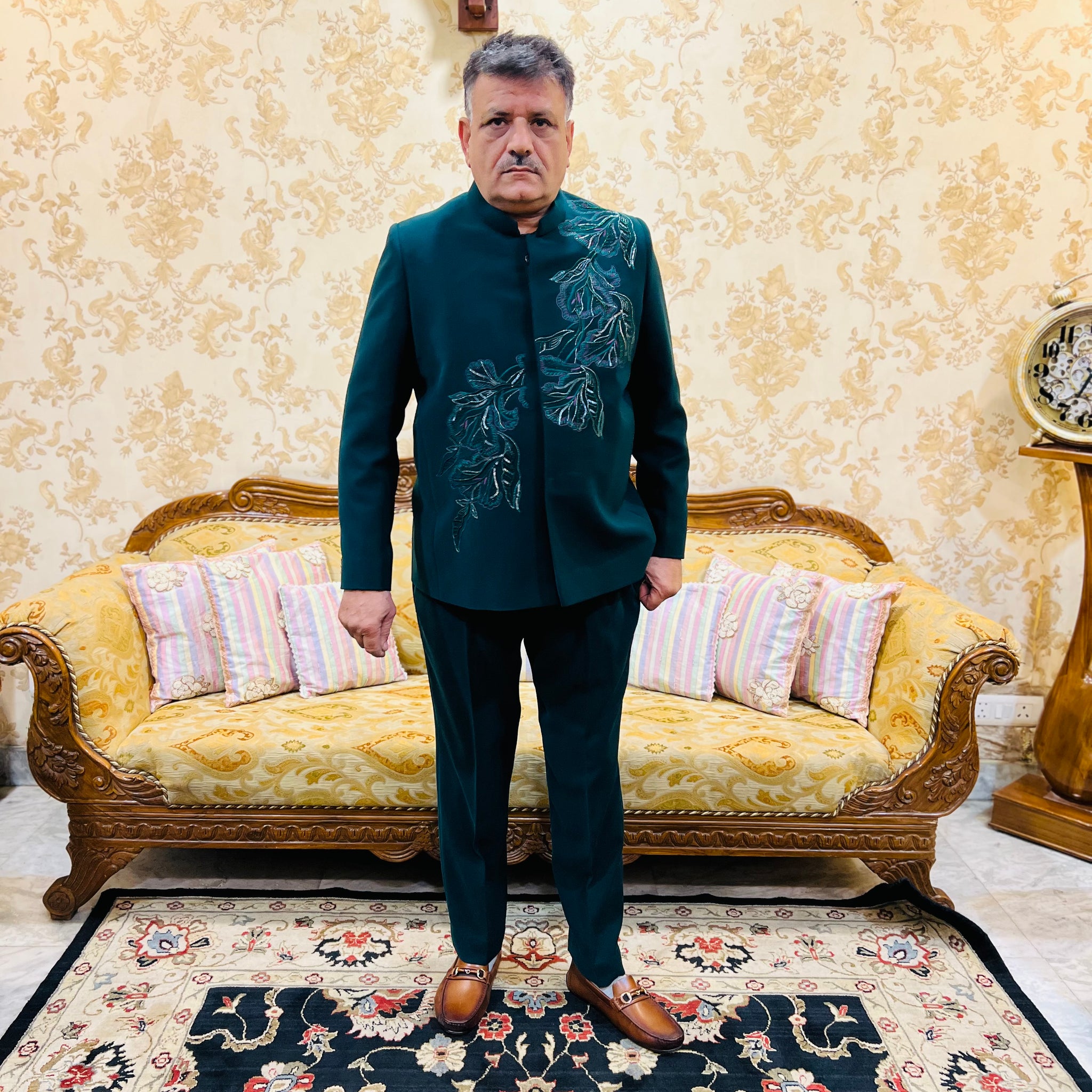 Green Embroidered Bandhgala Menswear Suit