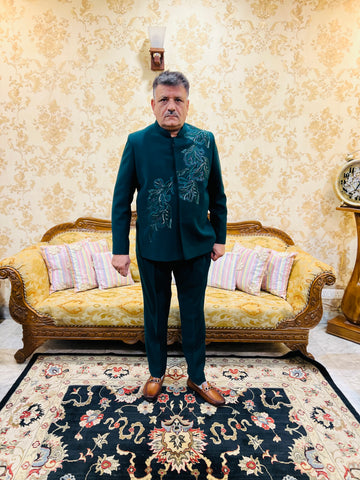 Green Embroidered Bandhgala Menswear Suit