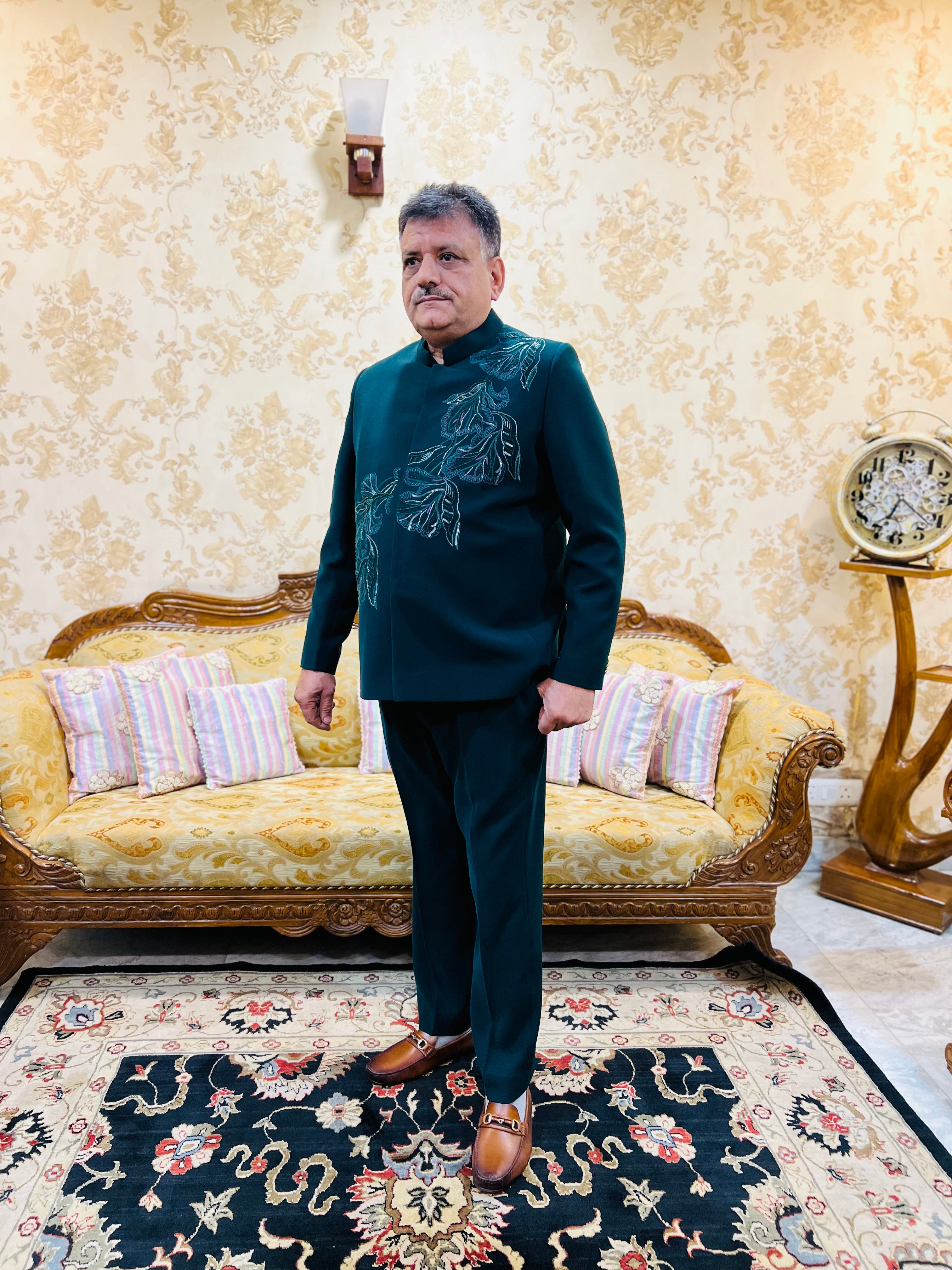 Green Embroidered Bandhgala Menswear Suit
