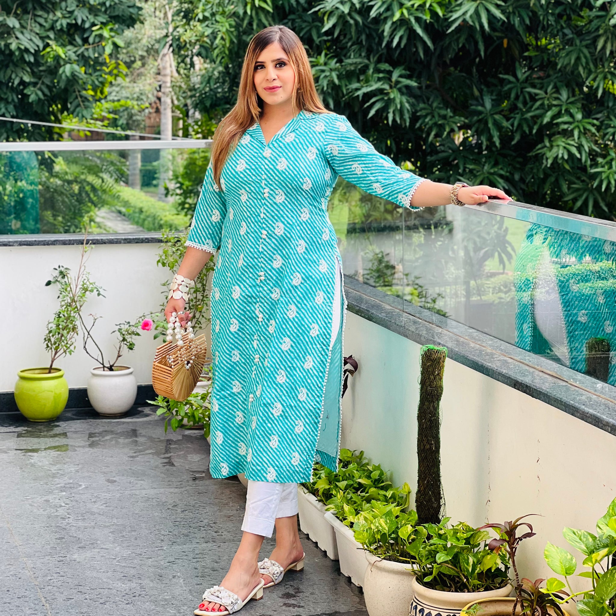 Turqouise Leheriya Cotton Kurti