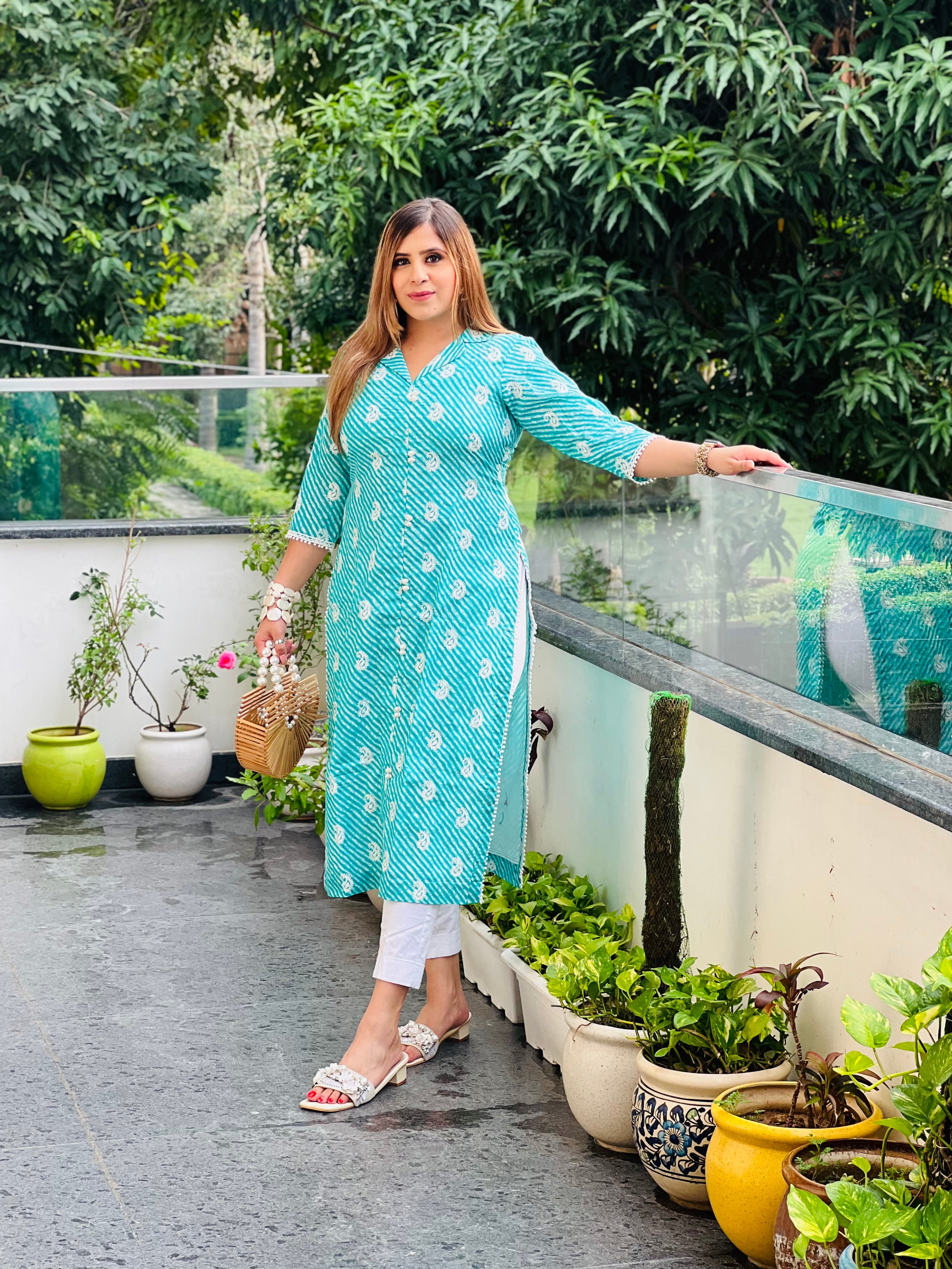 Turqouise Leheriya Cotton Kurti