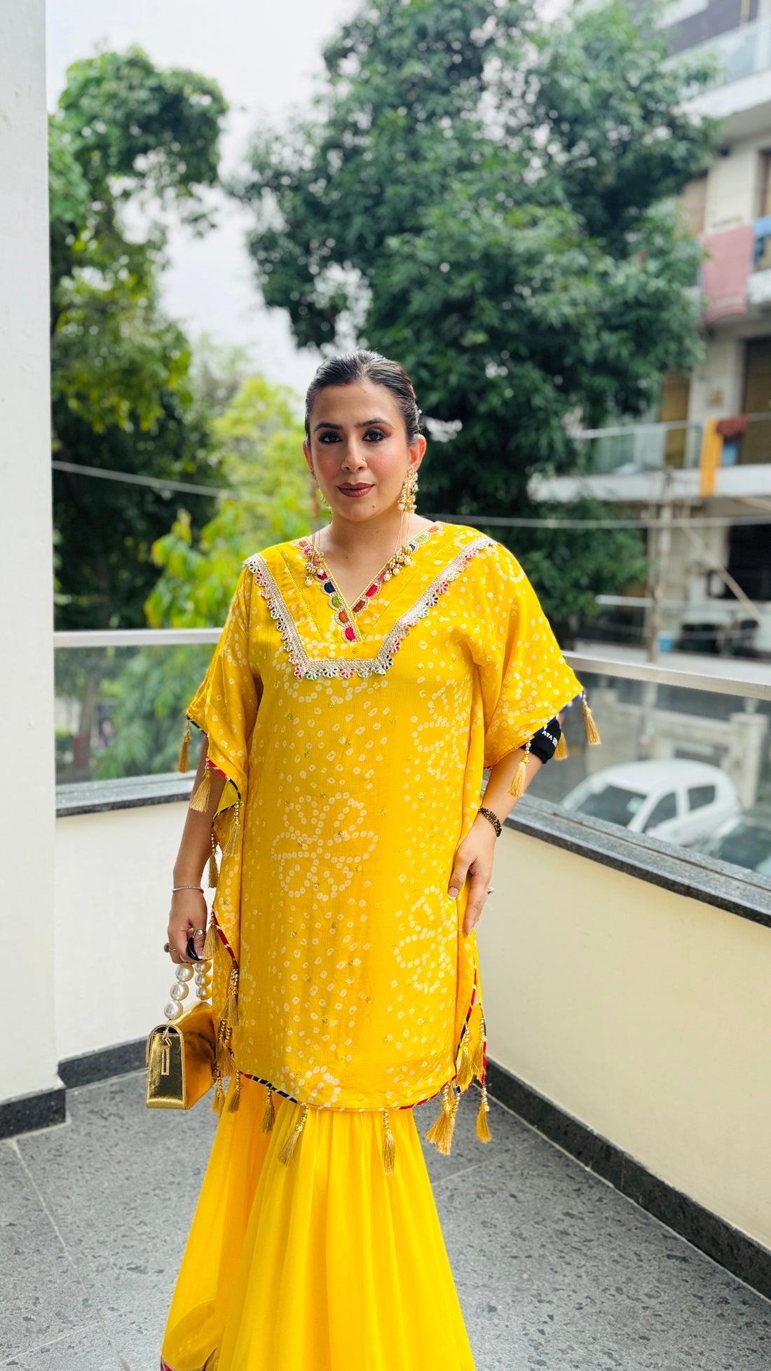 Yellow Bandhini Kaftaan Garara Co-Ord