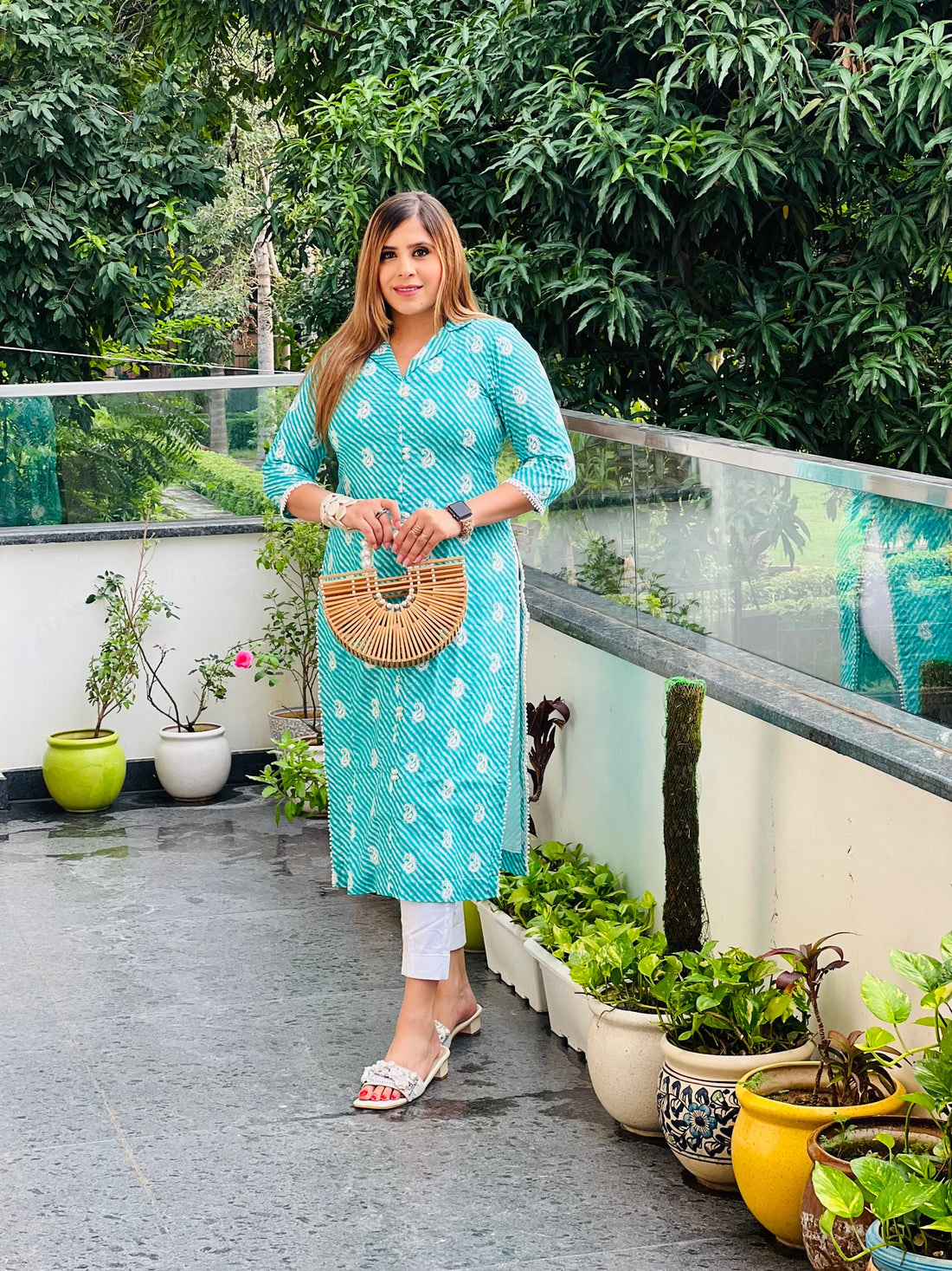 Turqouise Leheriya Cotton Kurti