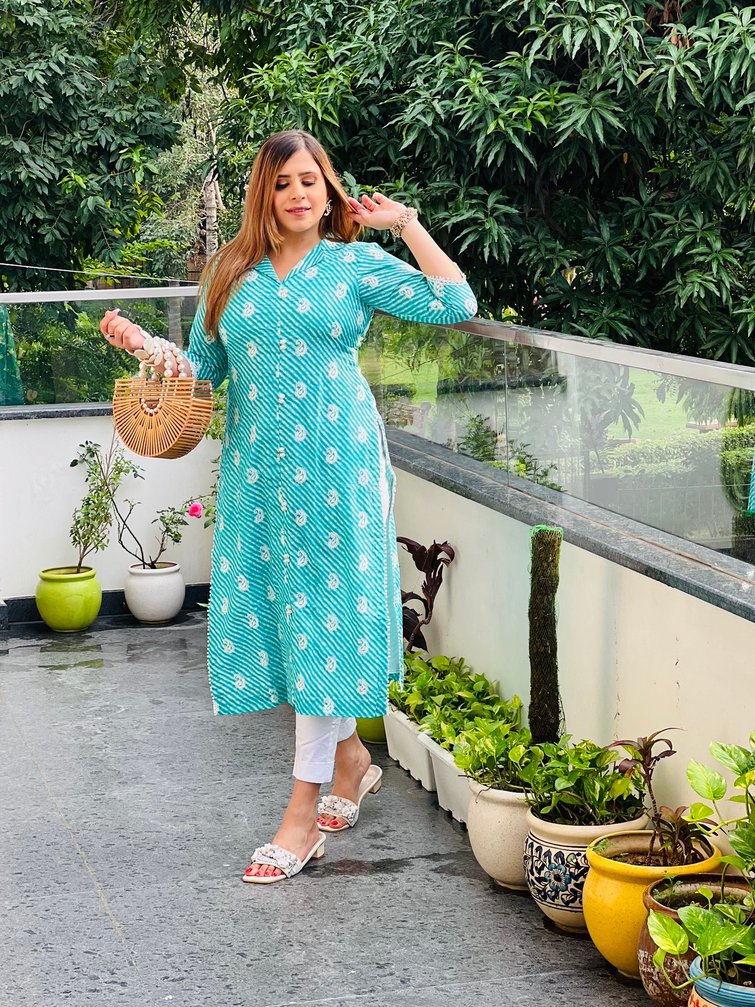 Turqouise Leheriya Cotton Kurti