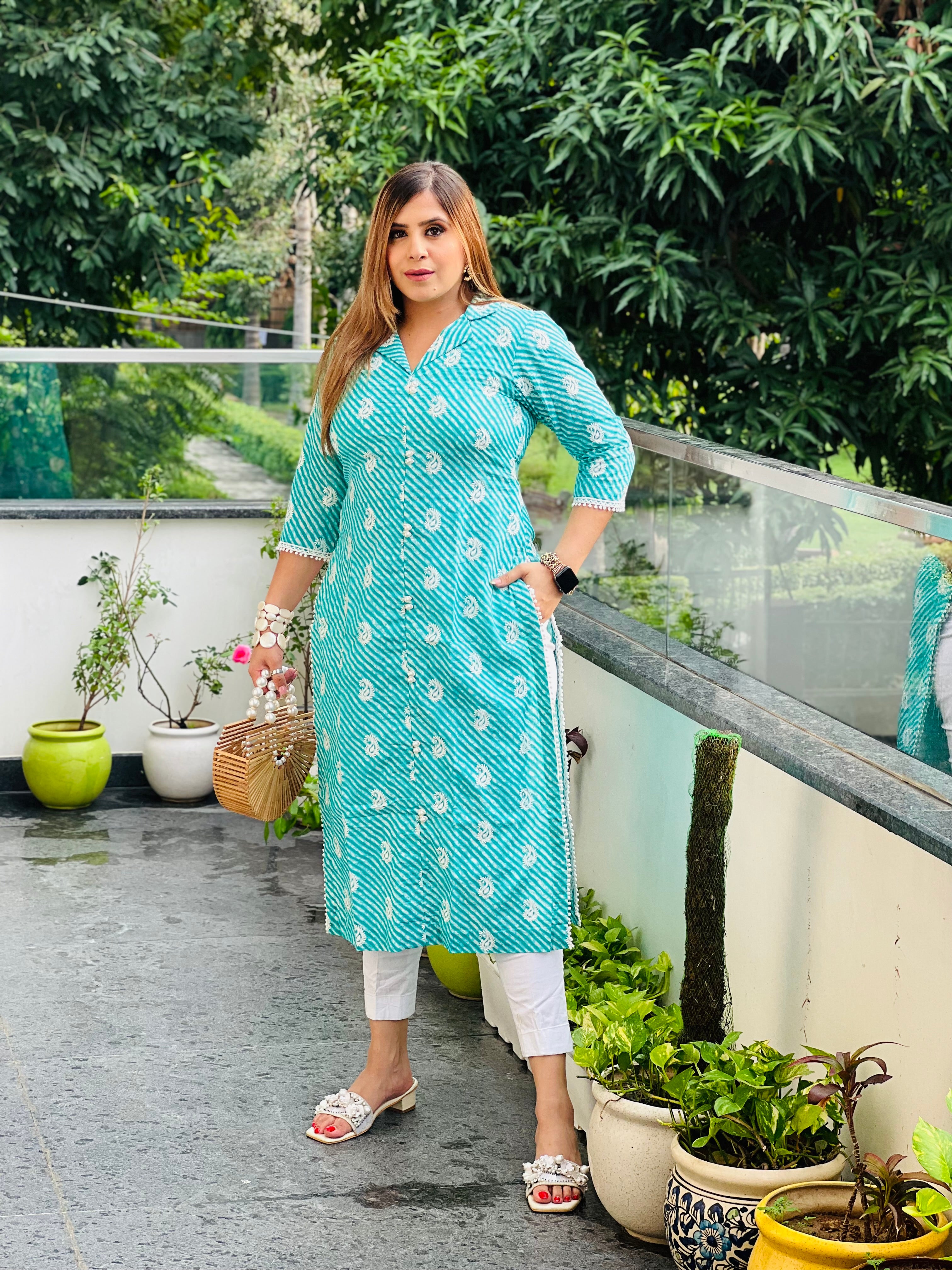 Turqouise Leheriya Cotton Kurti