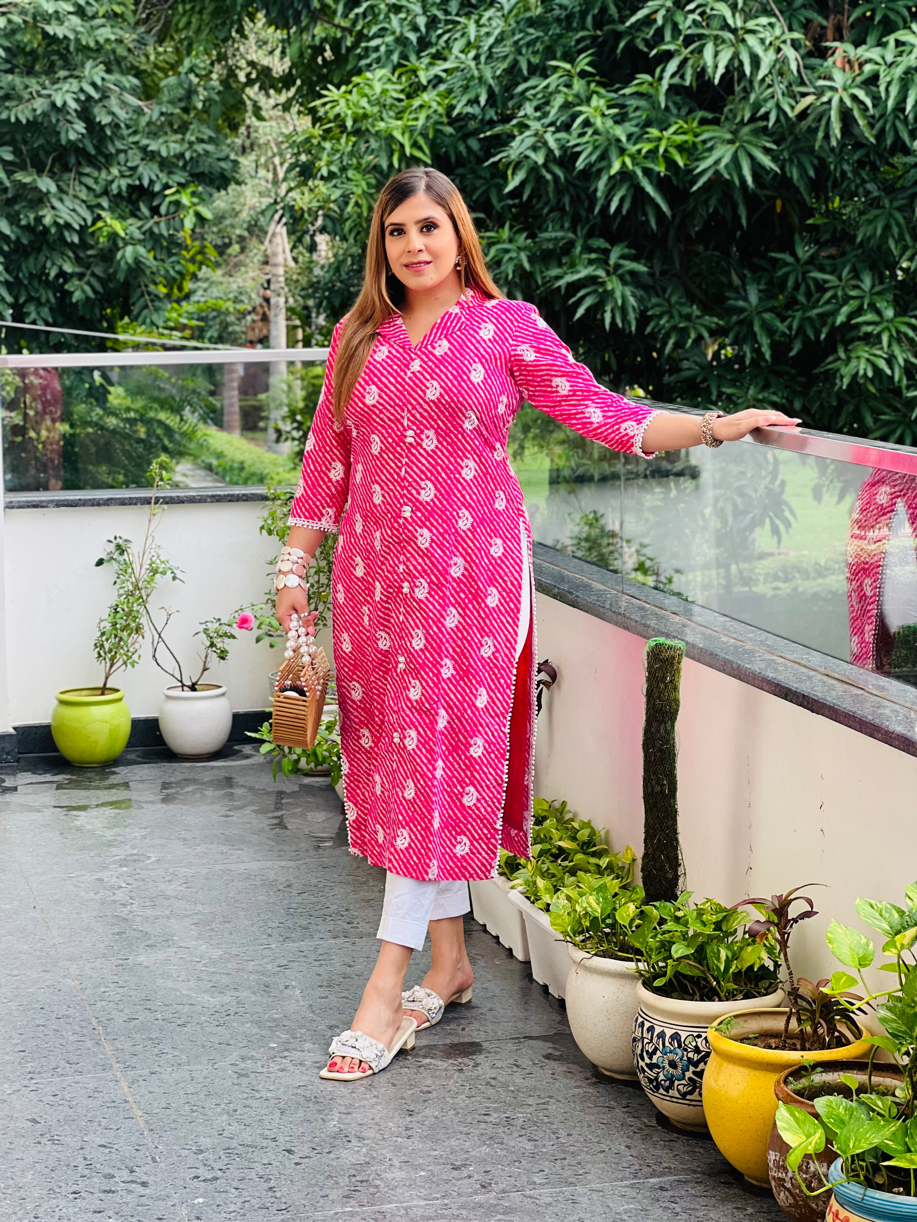 Pink Leheriya Cotton Kurti