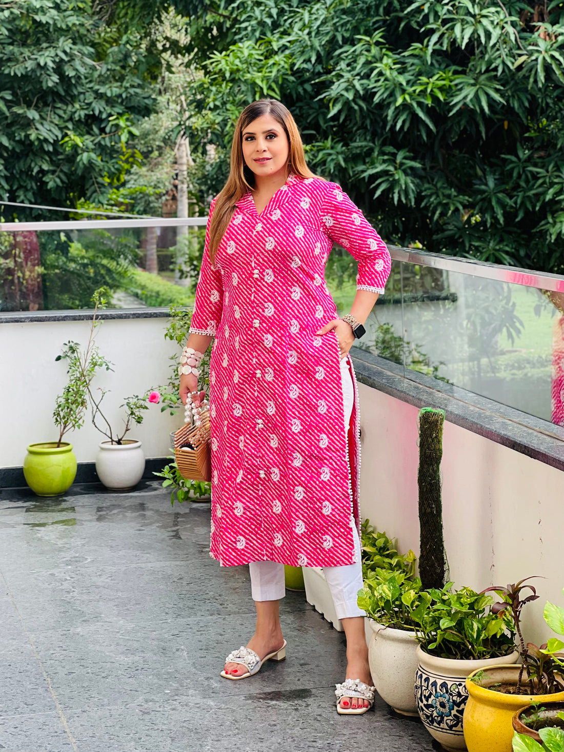 Pink Leheriya Cotton Kurti