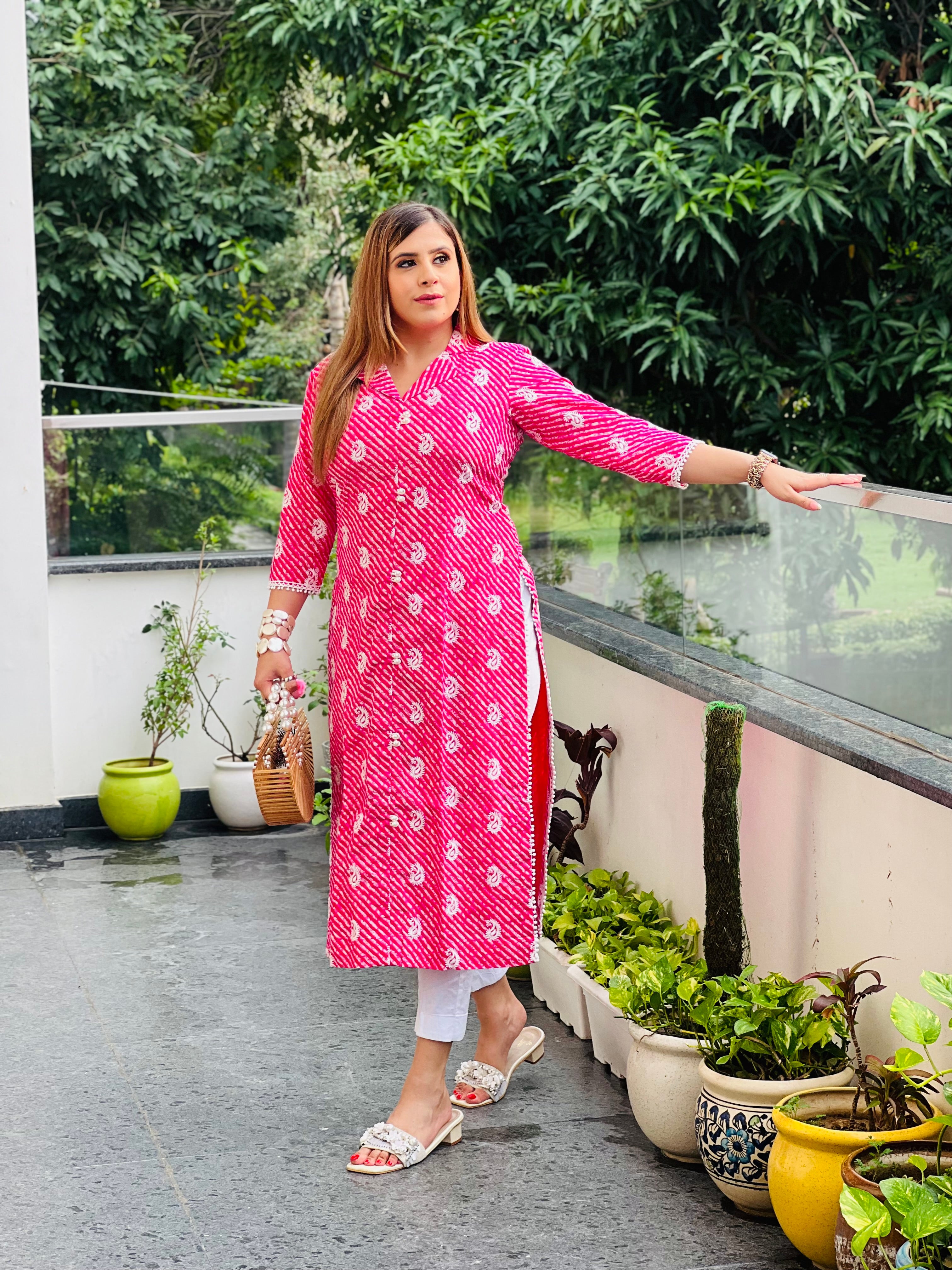 Pink Leheriya Cotton Kurti