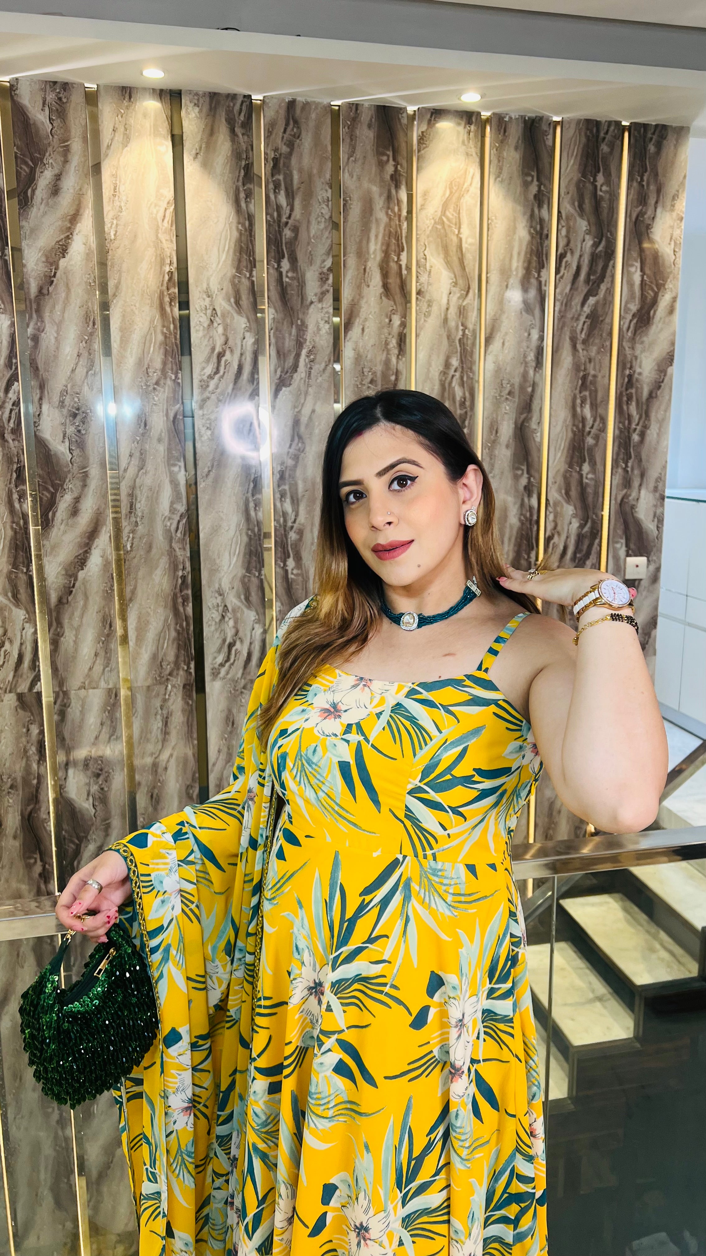 Yellow Teal Floral Anarkali