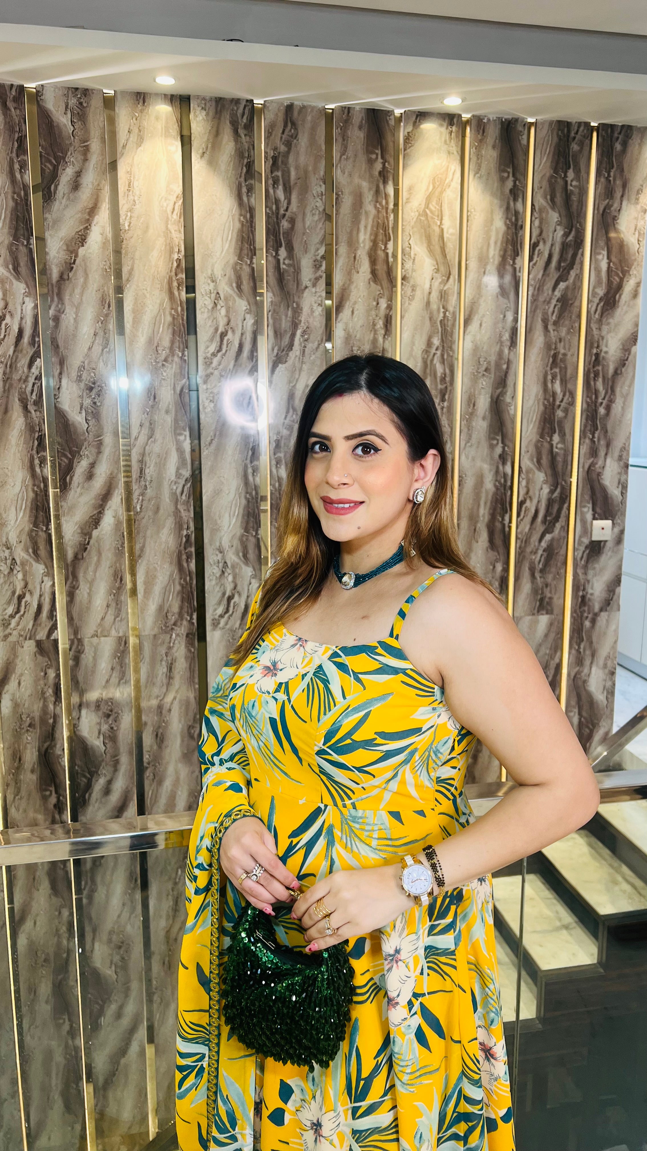 Yellow Teal Floral Anarkali