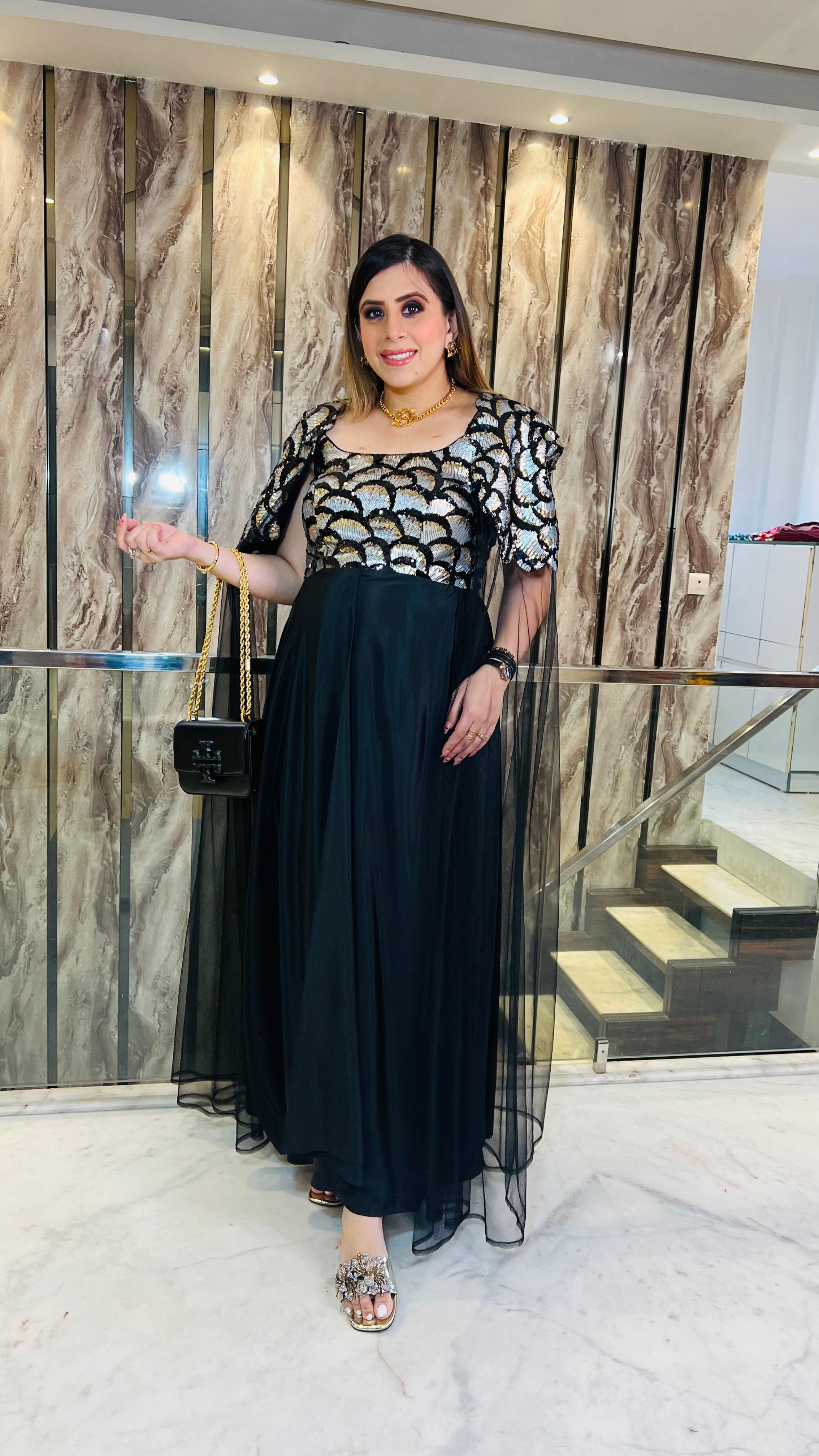 Black Flower Power Drape Gown