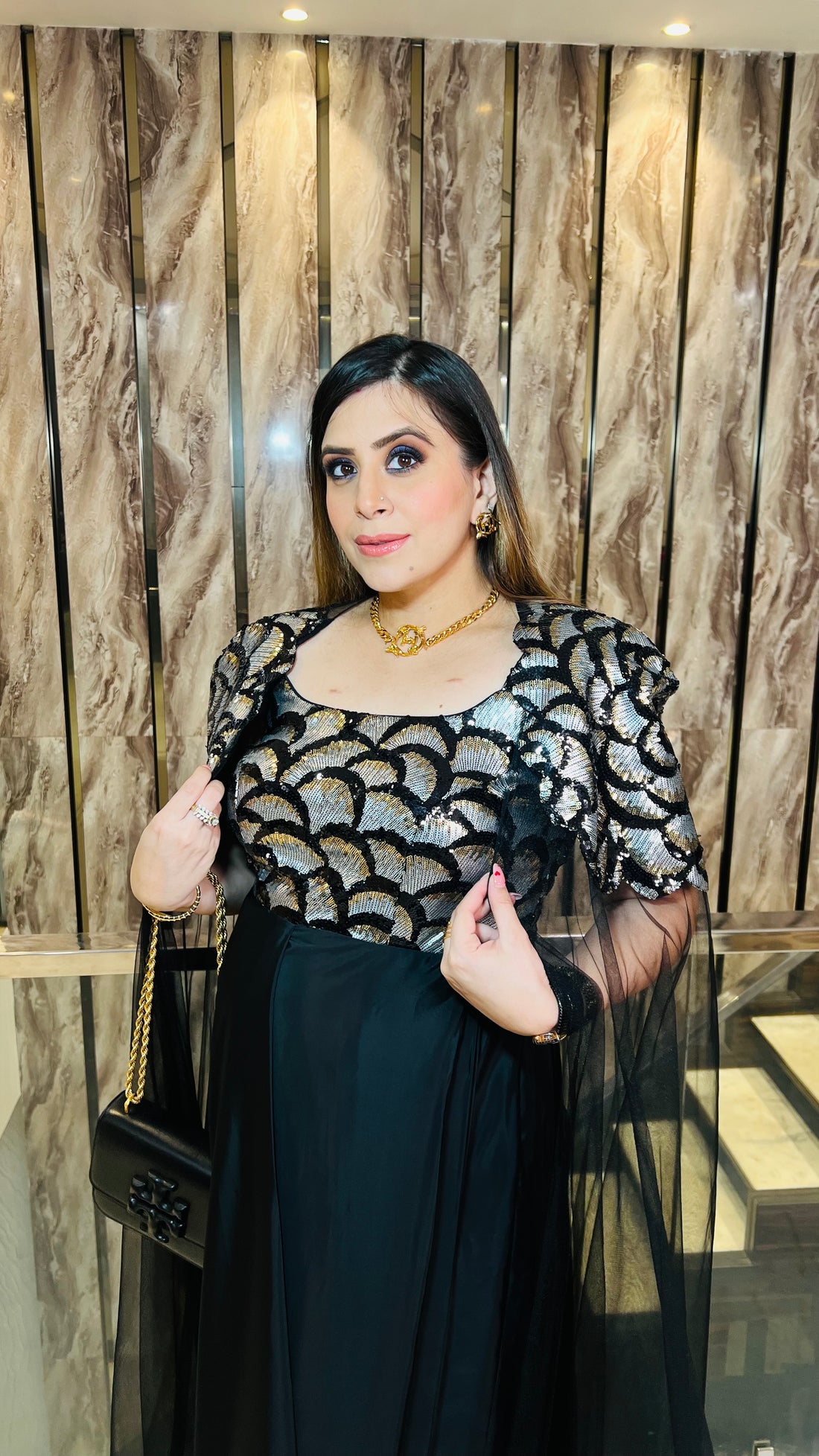 Black Flower Power Drape Gown