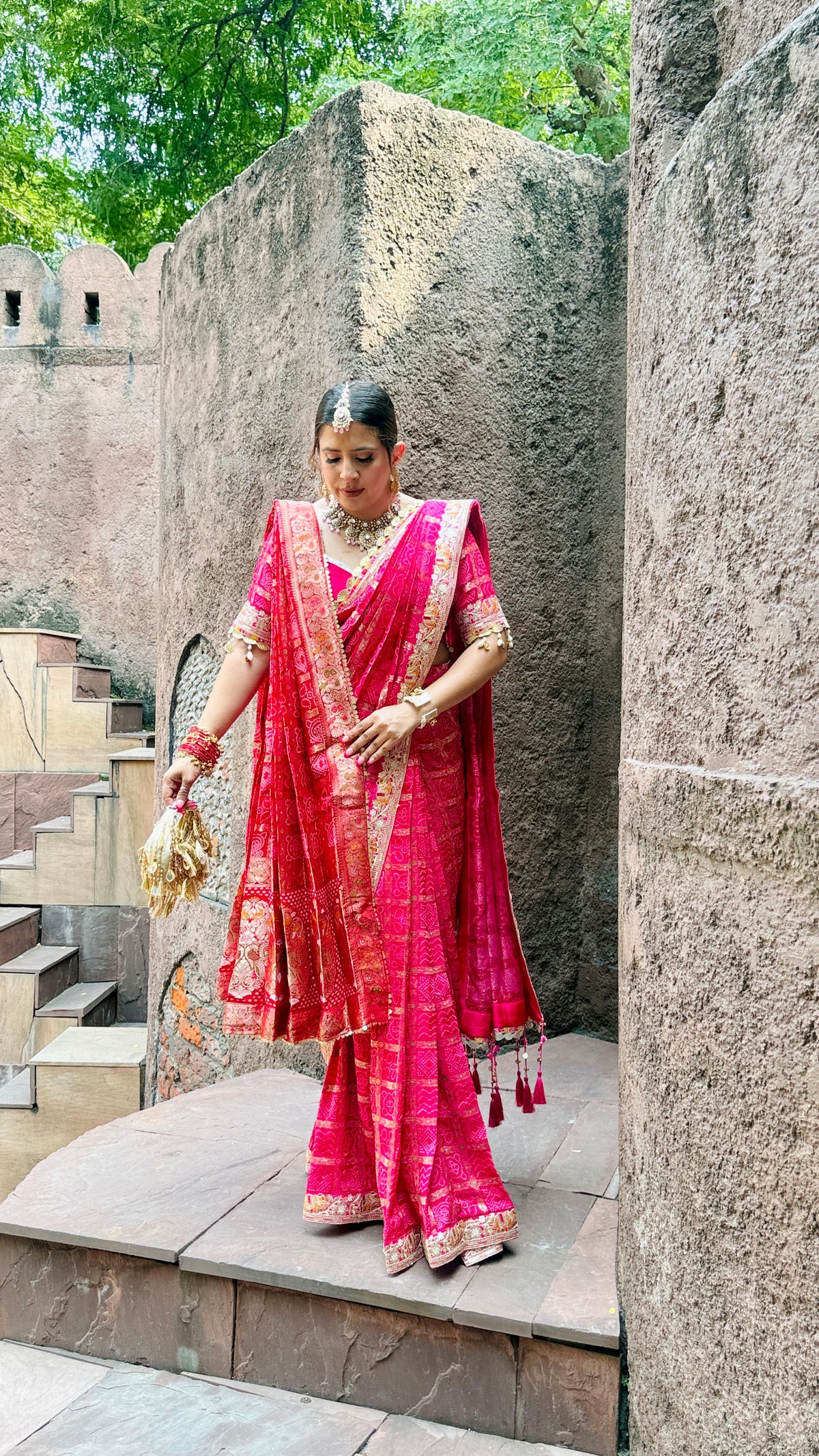 Pink Ghatjhola Saree + Dupatta