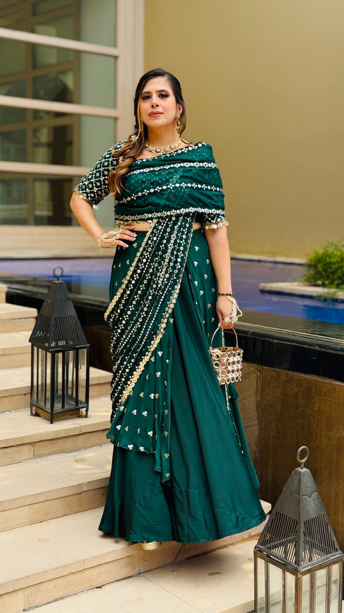 Green Mirror Lehenga Saree
