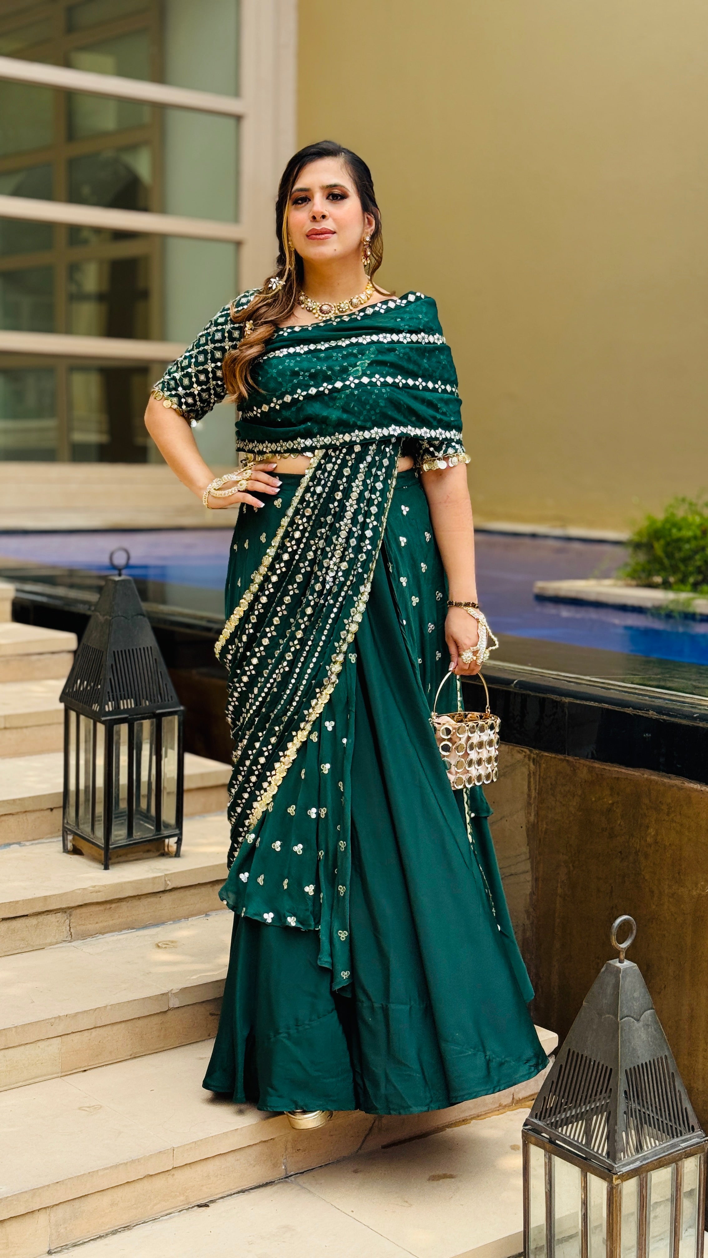 Green Mirror Lehenga Saree