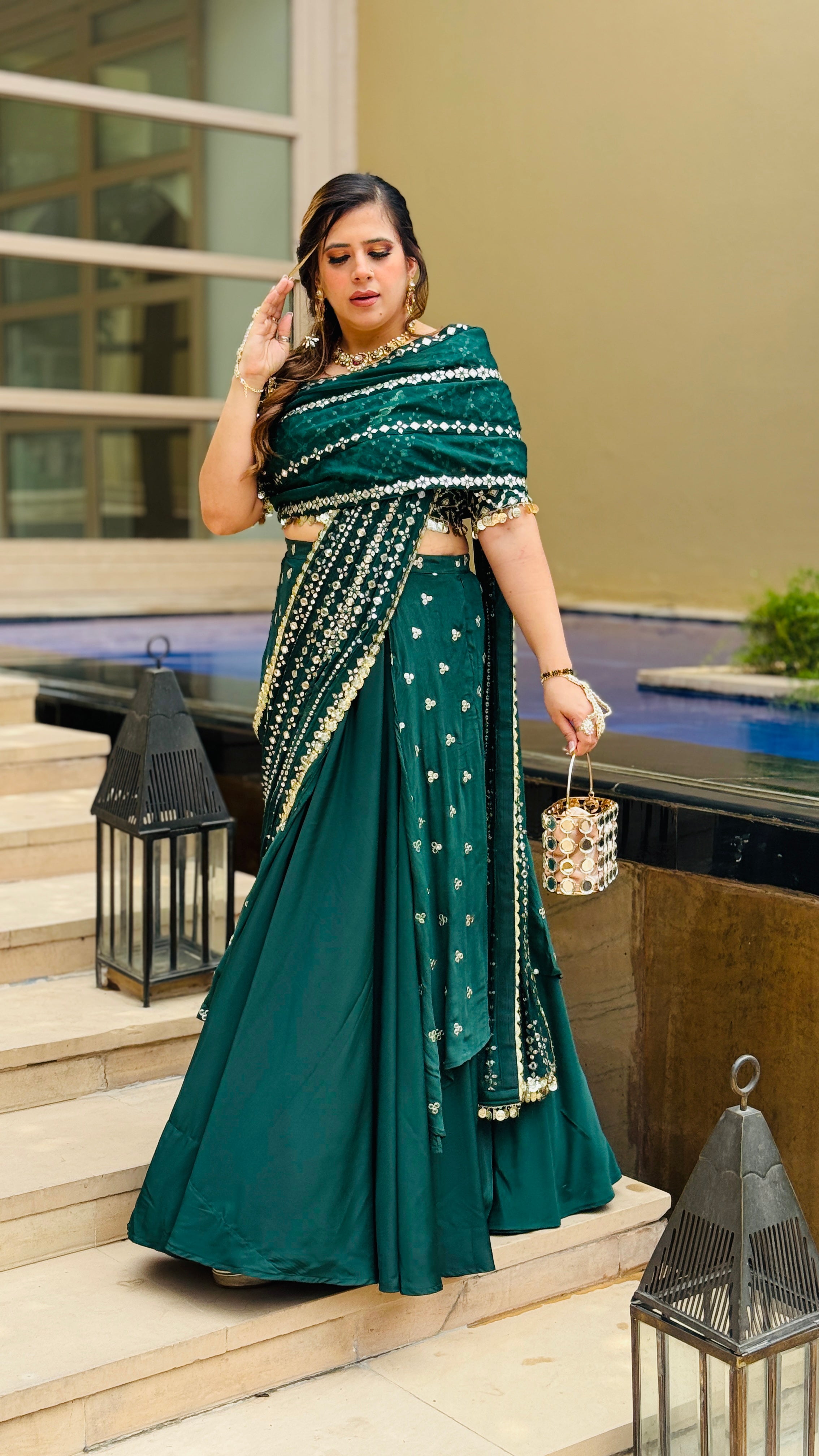 Green Mirror Lehenga Saree