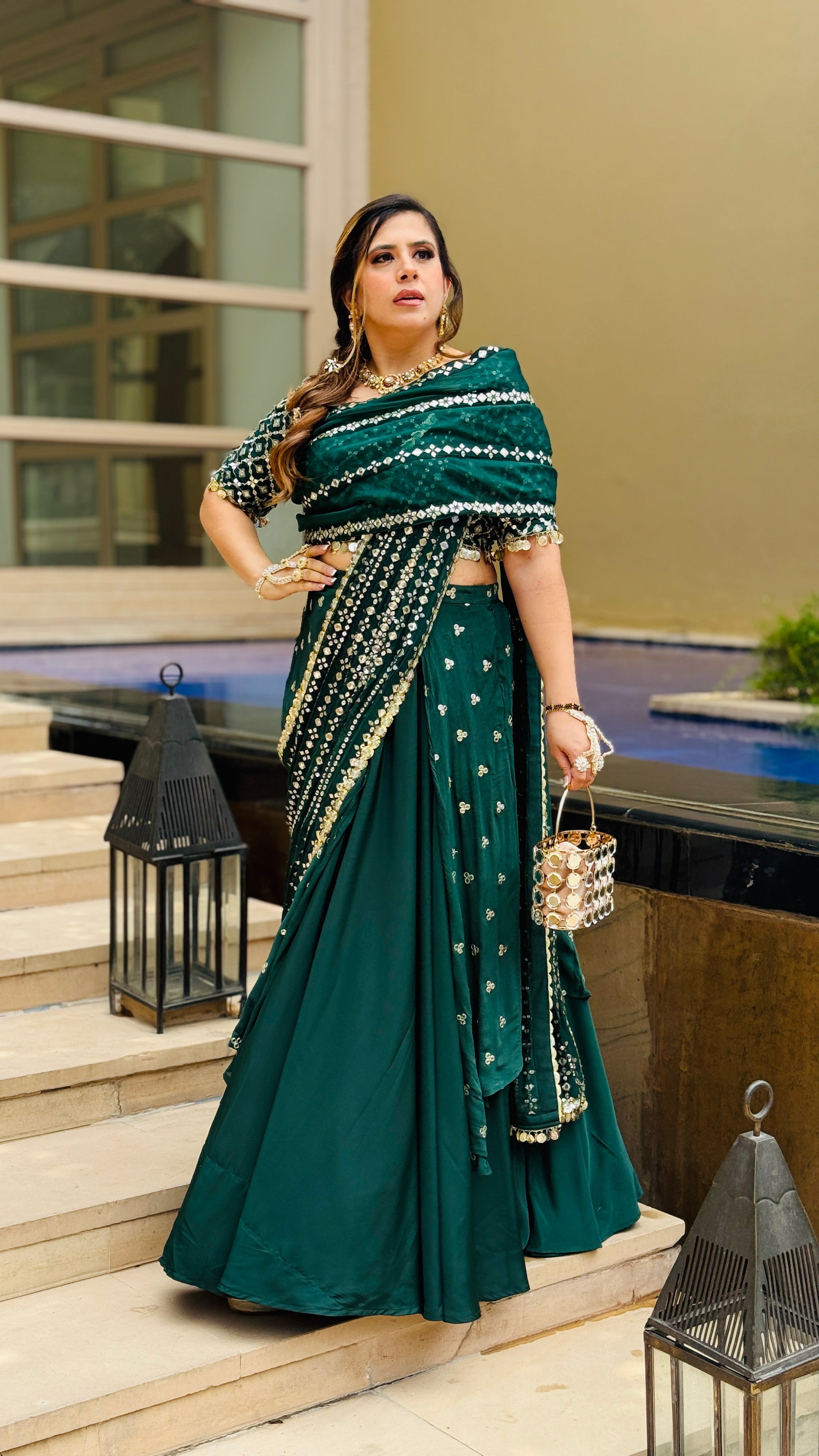Green Mirror Lehenga Saree